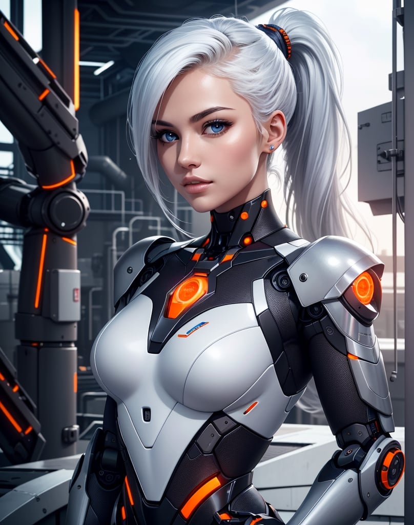 woman in her 20s, Korean, (perfect face), defined jawline, beautiful lips, (beautiful bright blue eyes), (white hair, ponytail), (perfect anatomy), (athletic body), (sexy), (perfect hands), (intricate geometric robotic white body armor, orange and gunmetal accents), (looking at viewer), (medium shot photograph), (futuristic industrial factory background), lyco:Robotaction:0.8, photorealistic
