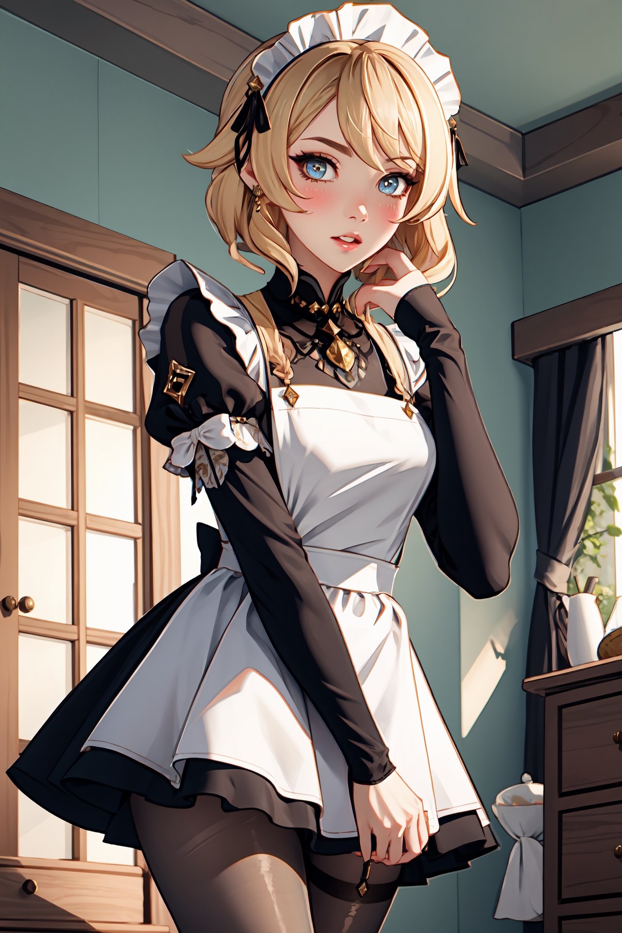 1girl, navia \(genshin impact\), solo, blonde hair, maid, maid headdress, maid apron, embarrassed, pantyhose, blush, parted lips, looking at viewer, cowboy shot, room, indoors, depth of field, masterpiece
,navia