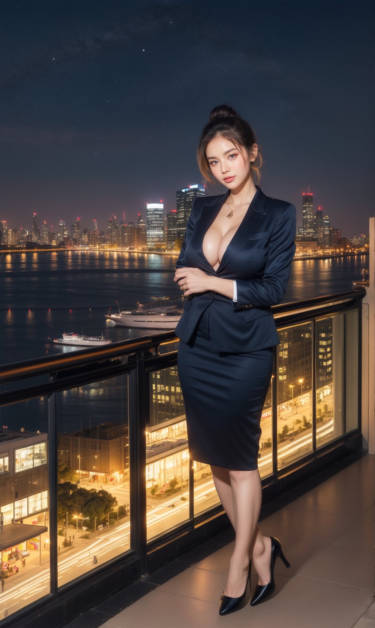 1girl, alluring, revealing, large breasts, hourglass figure, (soft smile:1.2), blonde, hair up in bun, (corporate executive:1.3), (navy blazer:1.2), (pencil skirt:1.1), (silk blouse:1.1), detailed background, balcony, city night life, (water front, river:1.2), bridge, night time, modern city skyline, (facing forward:1.2), (panorama:1.3), skyscrapers, glass buildings, bustling city, (looking at viewer:1.4), standing, (arms behind back:1.3), (cleavage:1.3)