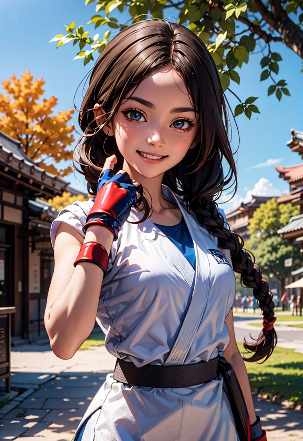 YuriSaka, red headband, white dougi, white gi, golden belt, fingerless gloves,looking at viewer, smiling, happy, portrait,
outside, park, trees, autumn, blue sky, extreme detail, masterpiece, beautiful quality, 
,yurims