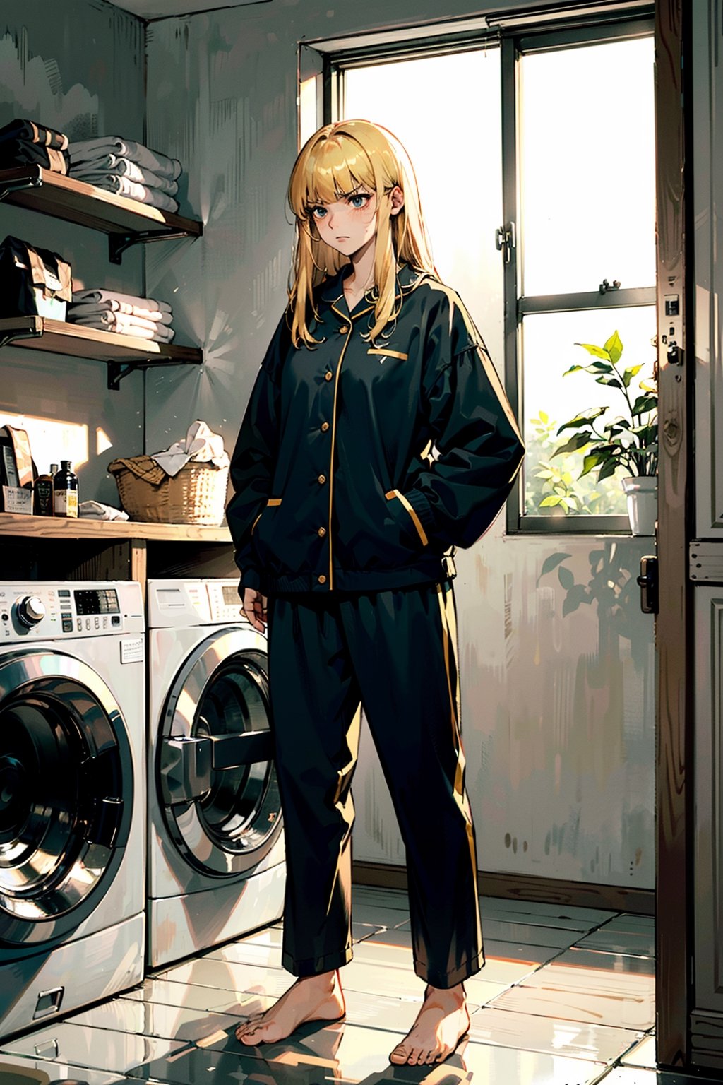 (best quality, masterpiece:1.1),   full body,     (1female), angry face, golden hair, very long hair, blunt bangs,        Cute Pajamas, ( laundry in the basement, indoors, table, folded clothes, washing machine, shelves),
