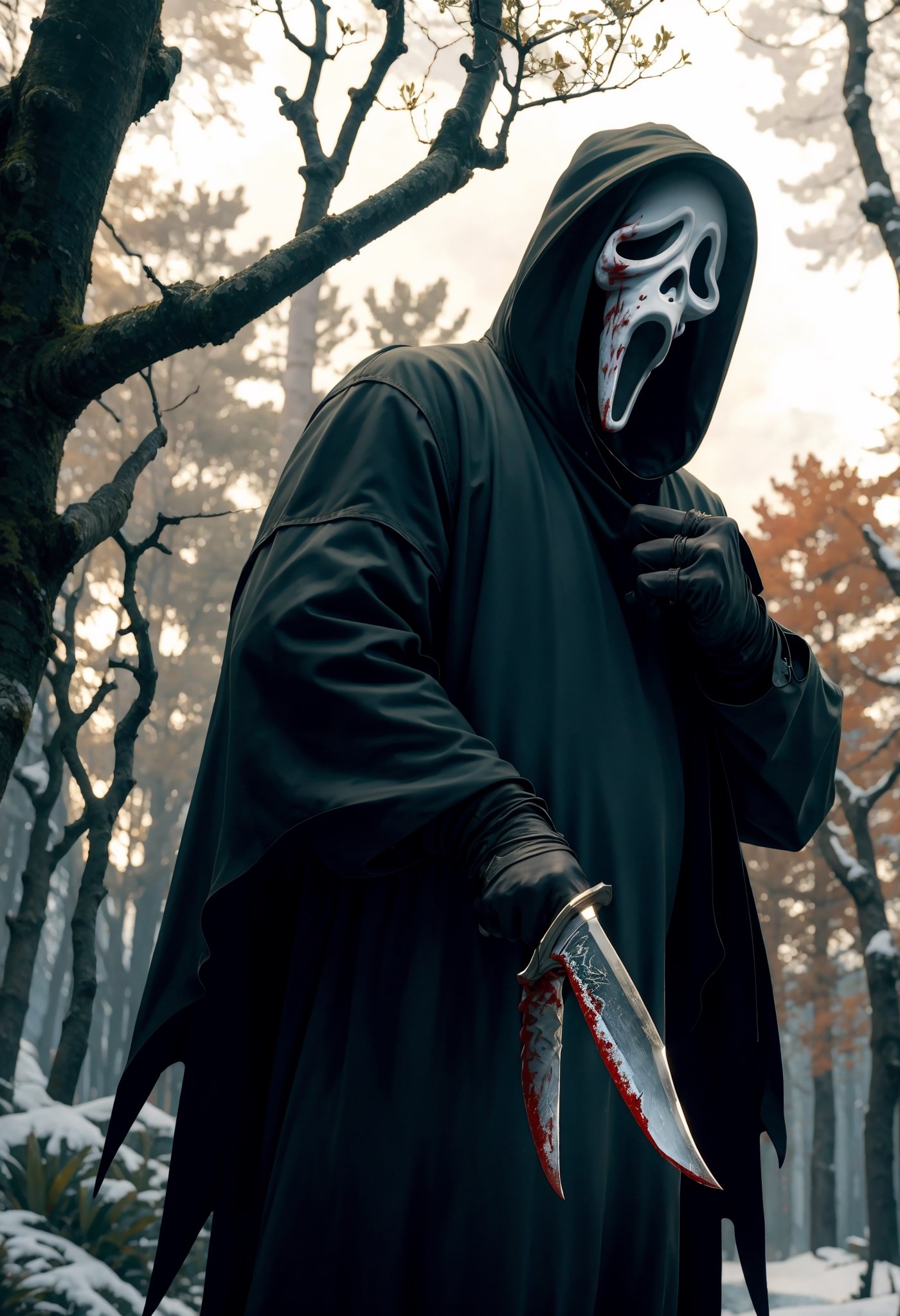 masterpiece,best quality,extreme detail,8k,white background,lora:ghostface:0.8,ghostface, solo, open mouth, holding, weapon, outdoors, signature, hood, holding weapon, tree, mask, night, knife, city, cloak, 1other, hood up, forest, holding knife, blood on weapon, blood on knife