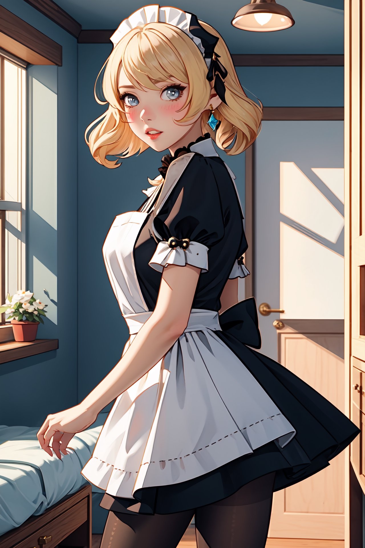 1girl, navia \(genshin impact\), solo, blonde hair, maid, maid headdress, maid apron, embarrassed, pantyhose, blush, parted lips, looking at viewer, cowboy shot, room, indoors, depth of field, masterpiece
,navia