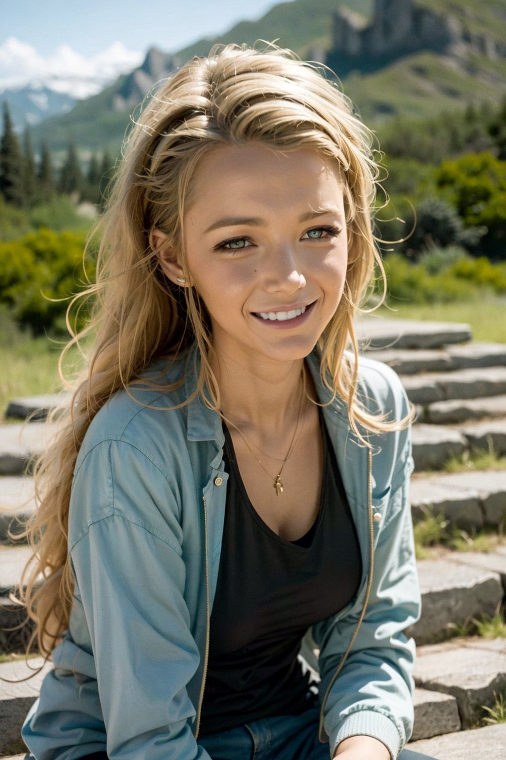 (best quality, masterpiece), 1girl,long hair, ponytails, sharp eyes, white hair,hair ornament,beautiful slim body, wearing a tank top and a jacket, shenhedef,smile, blush, outdoors, day, simple background, blue sky, long hair, sky, temple, looking at viewer, stairs, mountain, moody lighting,better_hands,smiling,showing teeth