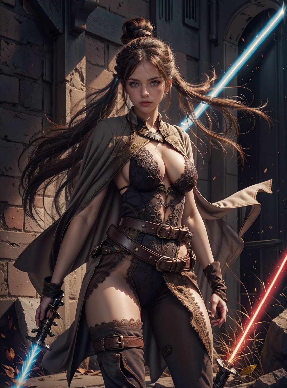 1girl, solo, long hair, breasts, brown hair, gloves, holding, cleavage, large breasts, standing, weapon, boots, belt, sword, cape, holding weapon, armor, holding sword, gauntlets, animification, energy sword, lightsaber,