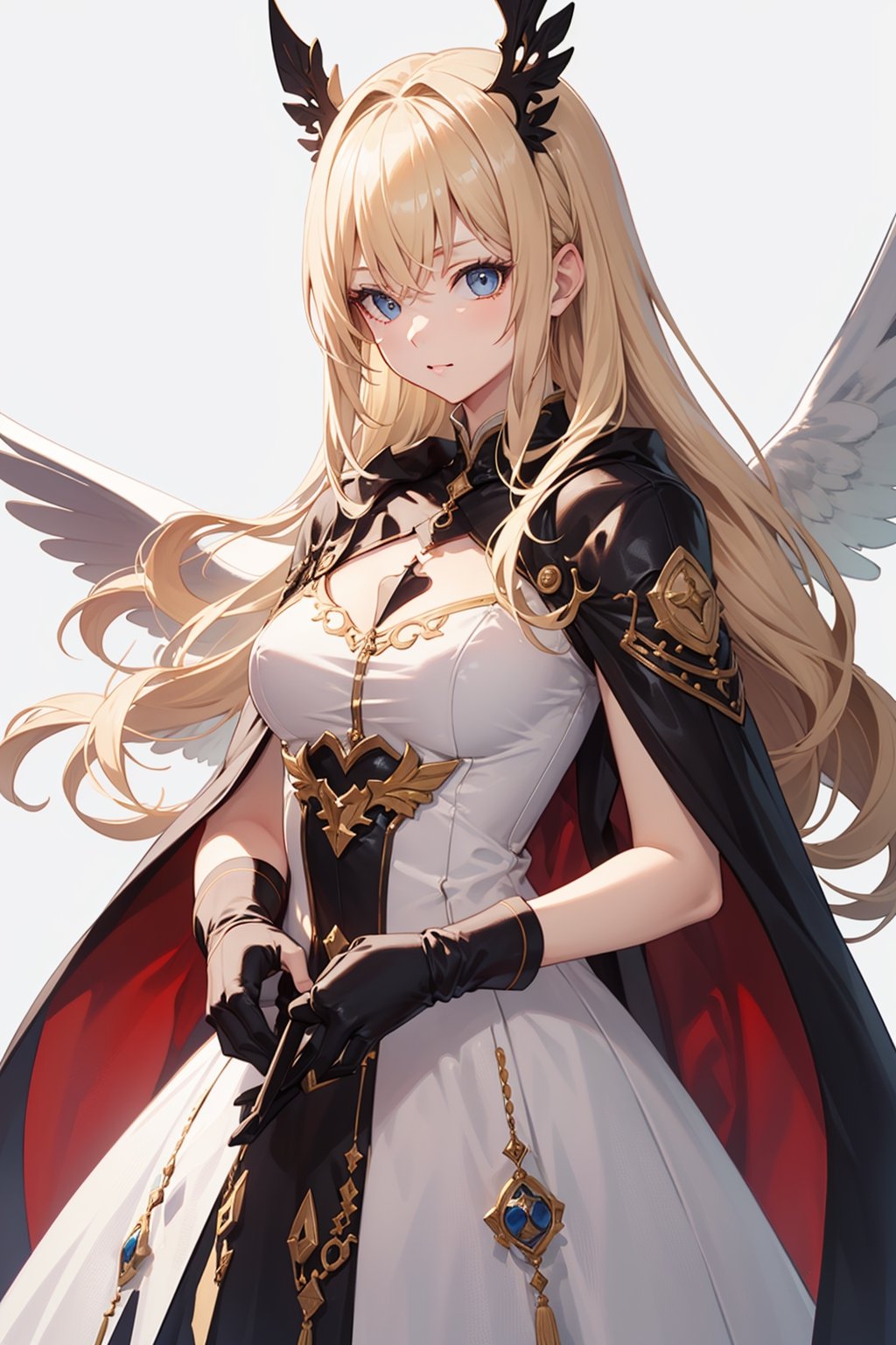  yinyangstyle, facing viewer,   malice_(riviera), blonde_hair, long_hair, cape, dress, angel_wings, gloves,, ultra detailed, masterpiece, best quality, aesthetic, detailed,
