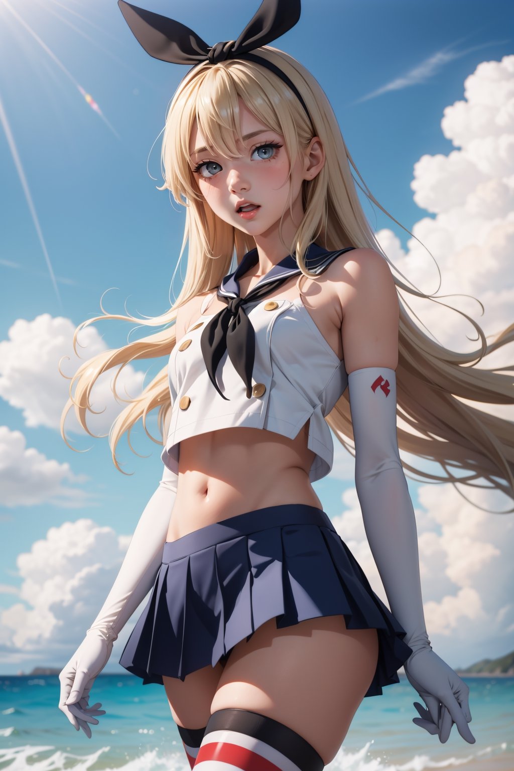 masterpiece, best quality, highres, skancolle, grey eyes, hairband, blonde hair, serafuku, neckerchief, crop top, gloves, elbow gloves, white gloves, navel, blue skirt, thighhighs, striped, striped thighhighs, ocean, clouds, :o, cowboy shot, blonde h