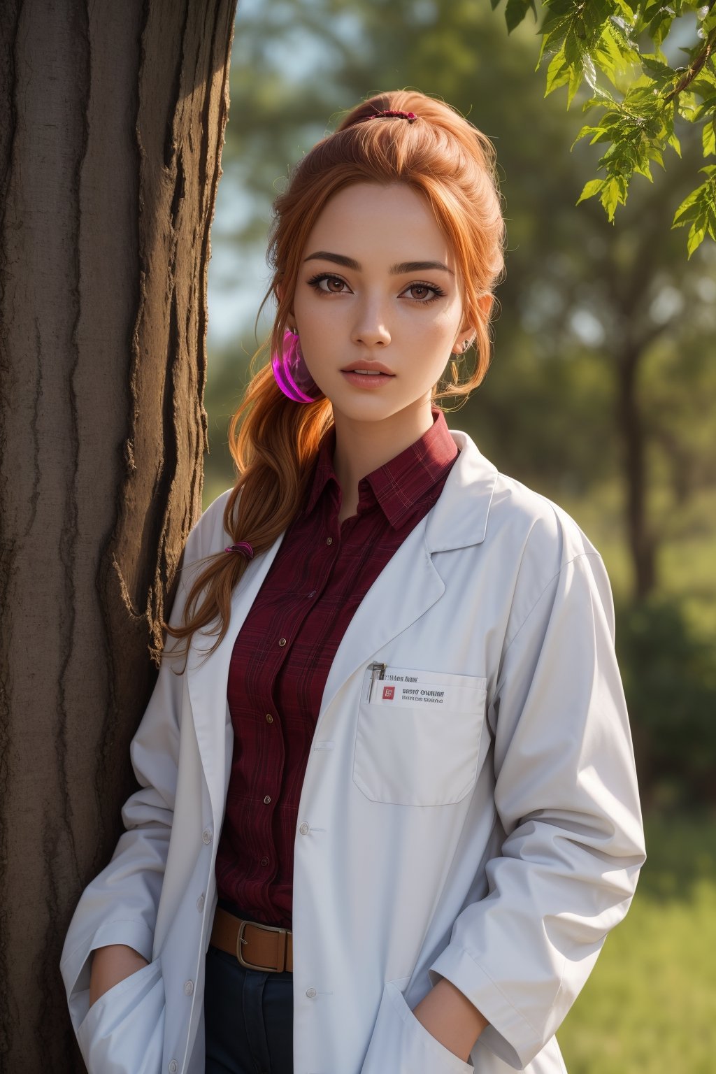 (high quality, best quality, sharp focus:1.2), (medieval africa, african:1), (prime adult woman, 1girl, solo, ahegao face:1.1), (chemist, wearing lab coat, test tubes:1.1), (pink_eyes:1), (ginger_hair, long_hair, ponytail:1), (muscular body:1), (hollow tree:1.1), detailed, extreme detail, intricate detail, highres, absurdres, 4k, 8k, HDR, UHD, masterpiece, immaculate, perfect,
