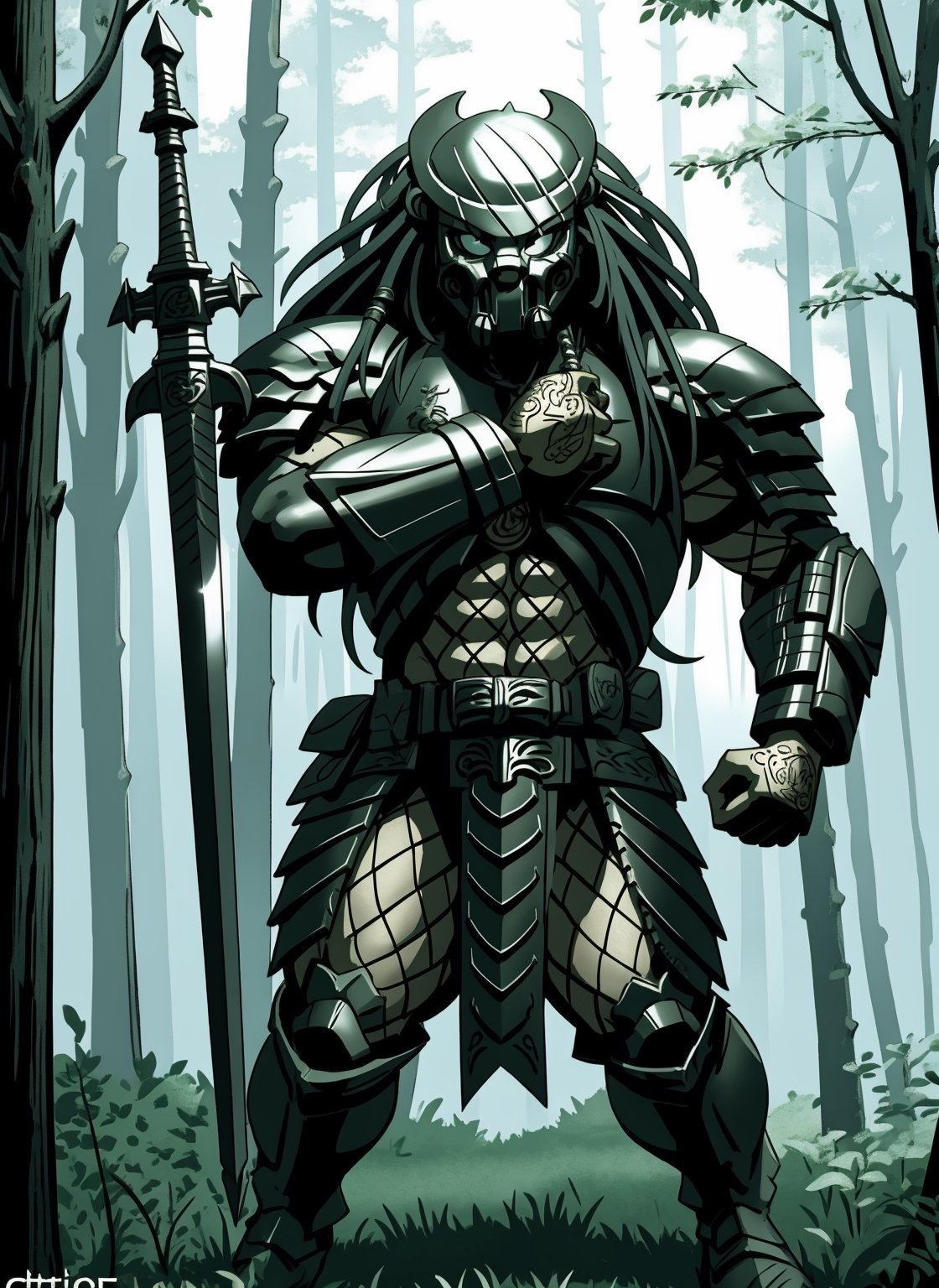 celtic predator, full body view, hyper detailed, insane details, intricate details, 8k, Very detailed, Best Quality, in the detailed forest, fighting pose, sword in the hand, Sharp focus

