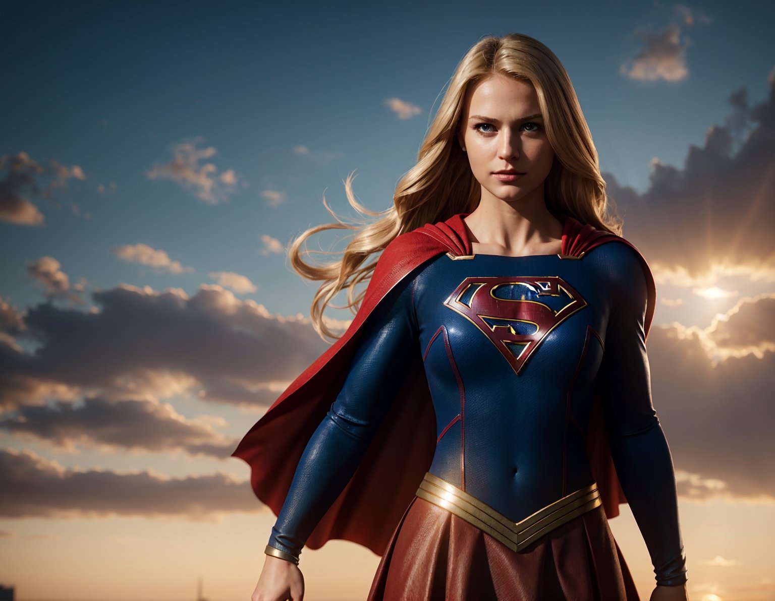 supergirl, hair blonde, skirt red, cape red, (Realistic),masterpiece,best quality,cinematic lighting,natural shadow,looking at viewer,Raw photo,8k,uhd,dslr,soft,lighting,high quality,film
grain,hyperrealismus,hyperrealistic,Atmospheric,Realistic Skin Texture,realistic hair details,ultra quality,best quality,Hyper Realism,
