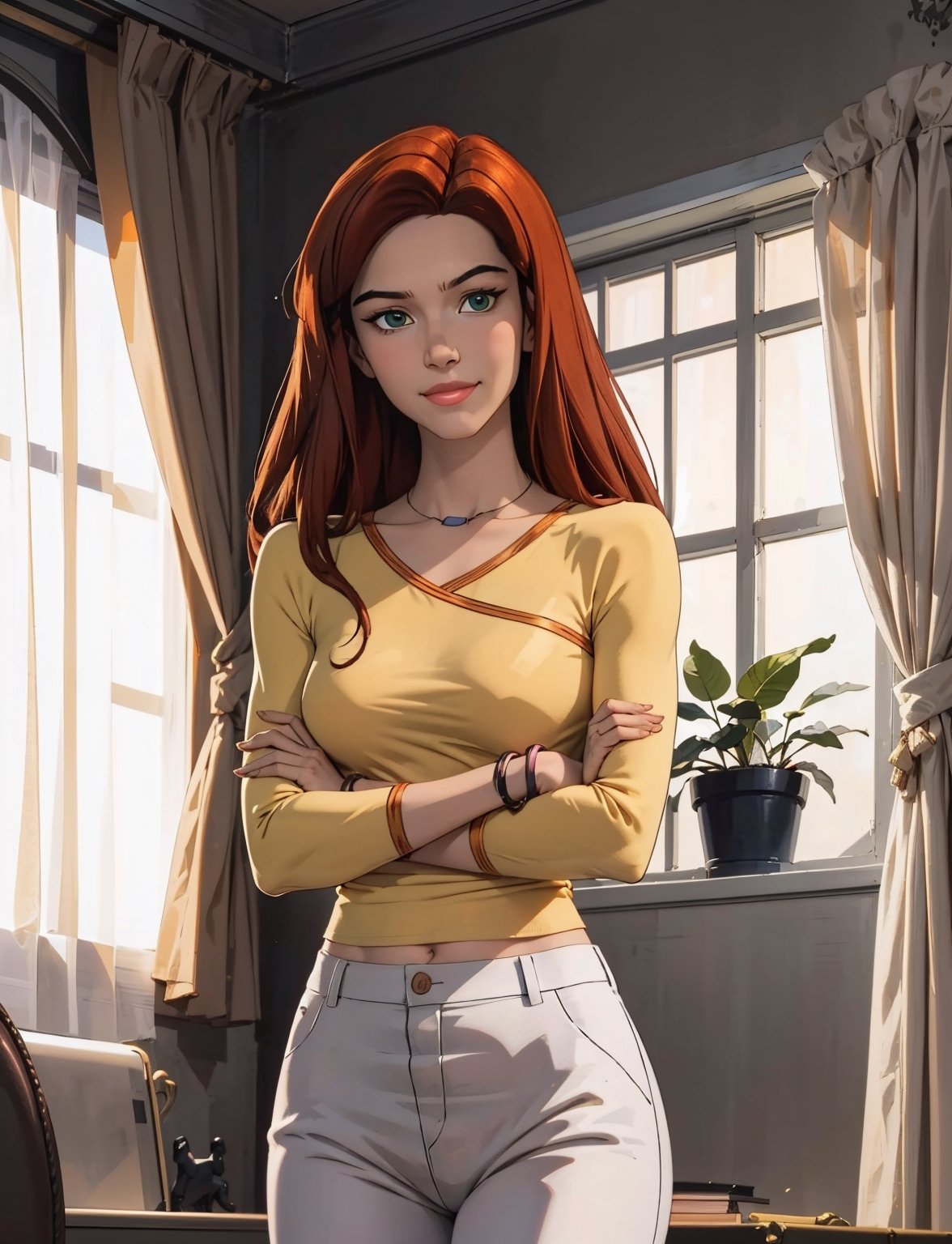 jean grey,long red hair,makeup, green eyes, necklace, jewellery, bracelet, yellow shirt, bottomless, wearing white panties, long sleeves, looking at viewer, serious, seductive smile, blush, 
standing, arms crossed, interior of a mansion bedroom, window, closed curtains, extreme detail,masterpiece, beautiful quality, 
,CARTOON_jeangrey_costume_ownwaifu