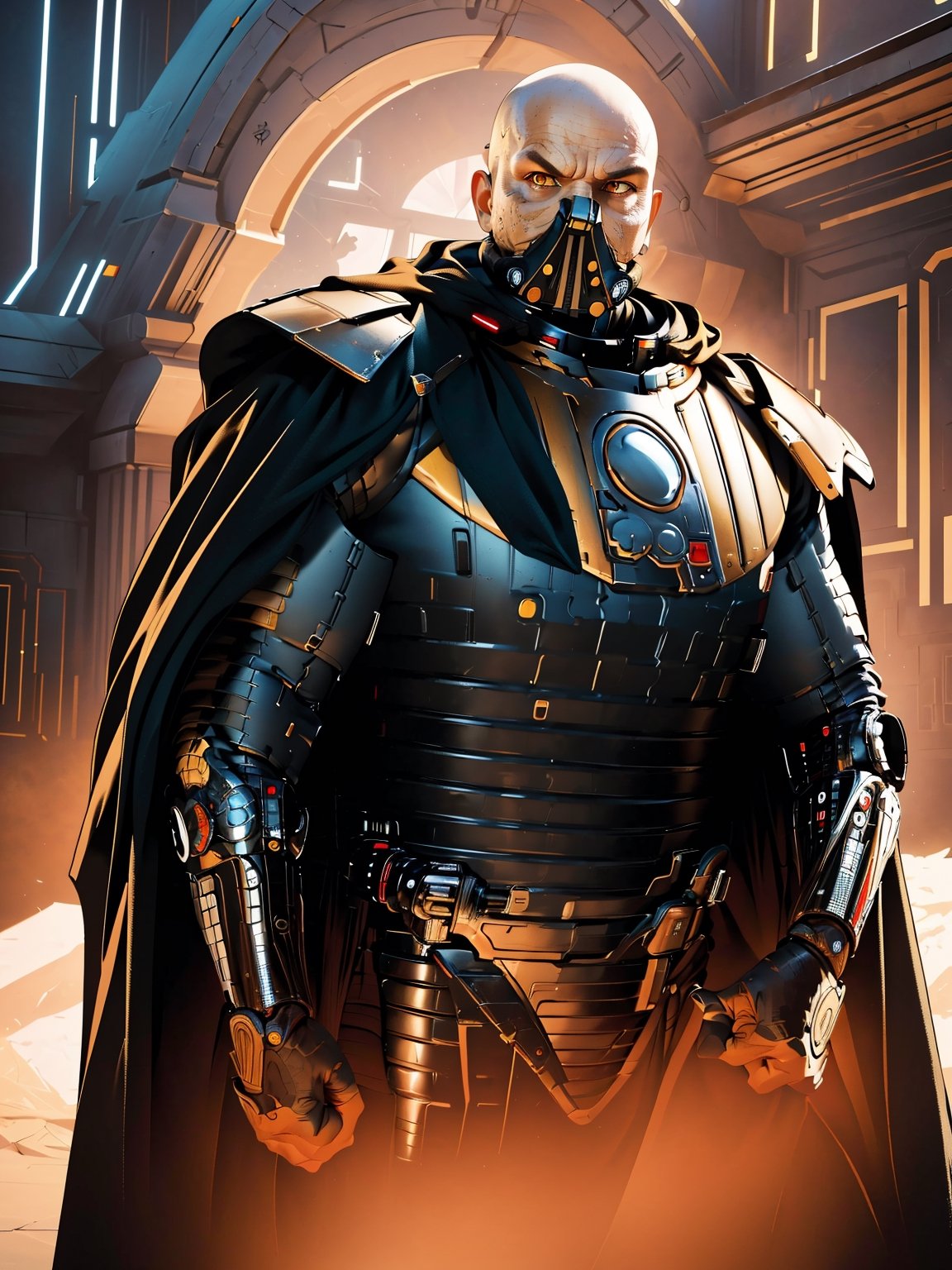 (best quality, masterpiece, beautiful and aesthetic:1.2, colorful, dynamic angle) 1boy, darth malgus, angry, yellow eyes, respirator mask, carbon fibre armor, cape, upper body, (high contrast, official art, extreme detailed, highest detailed), lora:darthmalgus:0.8