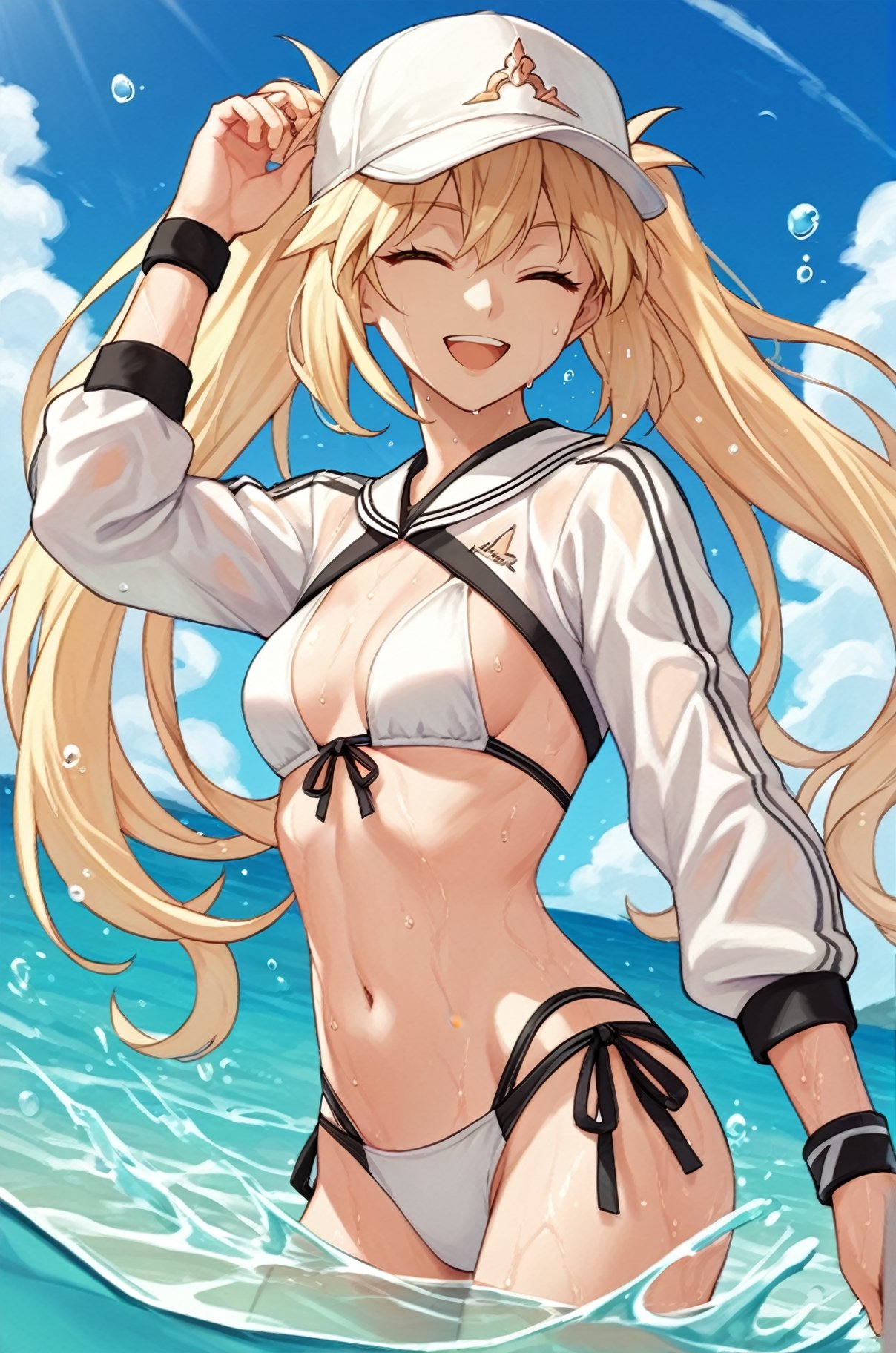 1girl, blonde hair, long hair, green eyes, twintails, swimsuit, white bikini, baseball cap, cropped jacket, shrug \(clothing\), long sleeves, wristband, smile, submerged, dutch angle, cowboy shot, beach, sea, splashing, closed eyes, smile, open mouth, sweat, wet, looking at viewer,  lora:Castoria:0.8, score_9, score_8_up, score_7_up, score_6_up, score_5_up, score_4_up, BREAK source_anime, masterpiece
