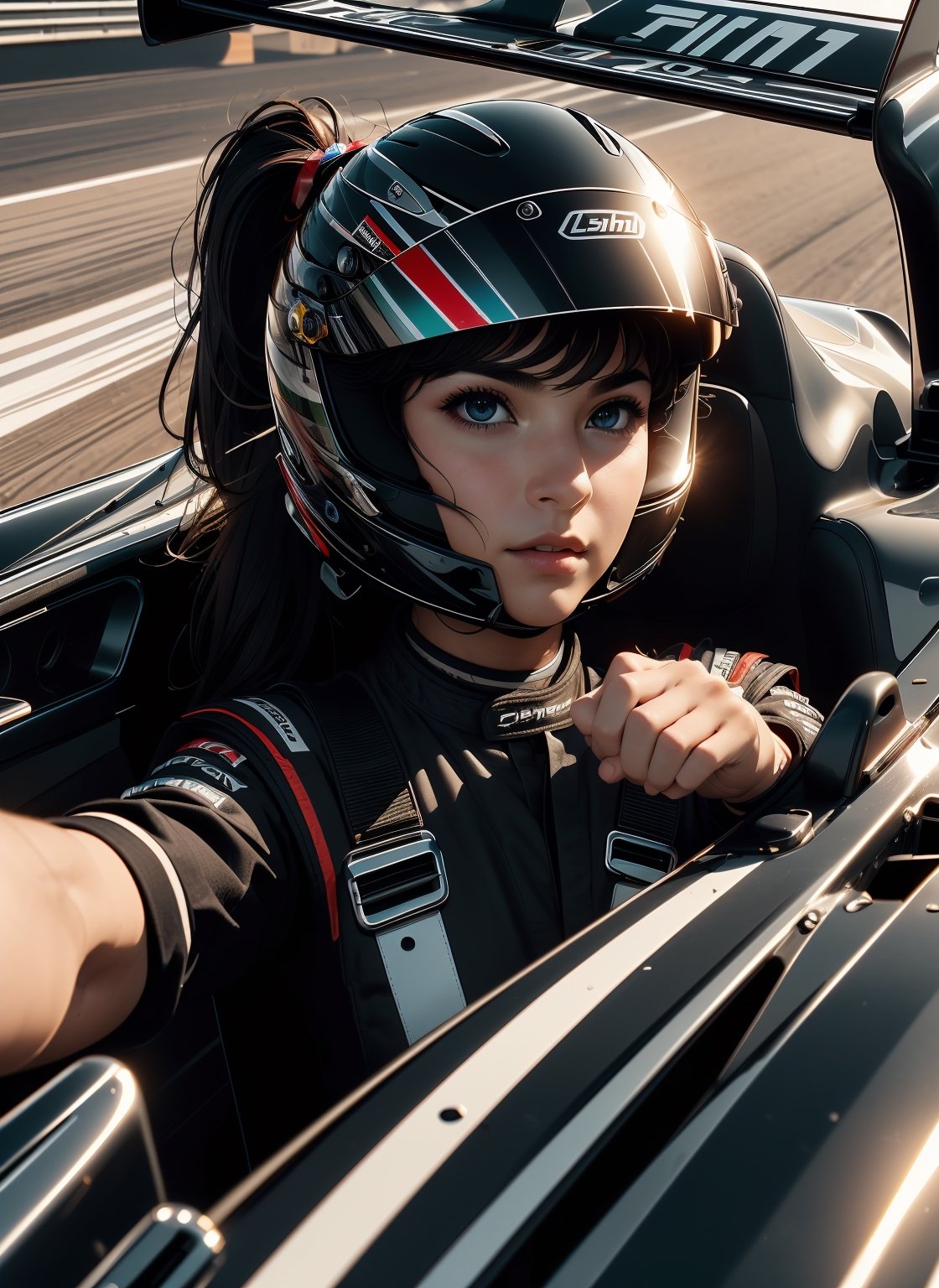 (((masterpiece))), (((best quality))), (((driving a formula racing))), ((fingers on steering wheel)), sitting on driver's seat, sharp eyes, ((helmet)), ((black uniform)), (((speed lines))), ((electricity)), ((spiral wind)), solo, 1girl, big tits, ponytail, sweat, slim figure, lora:girllikeformularacing:1
