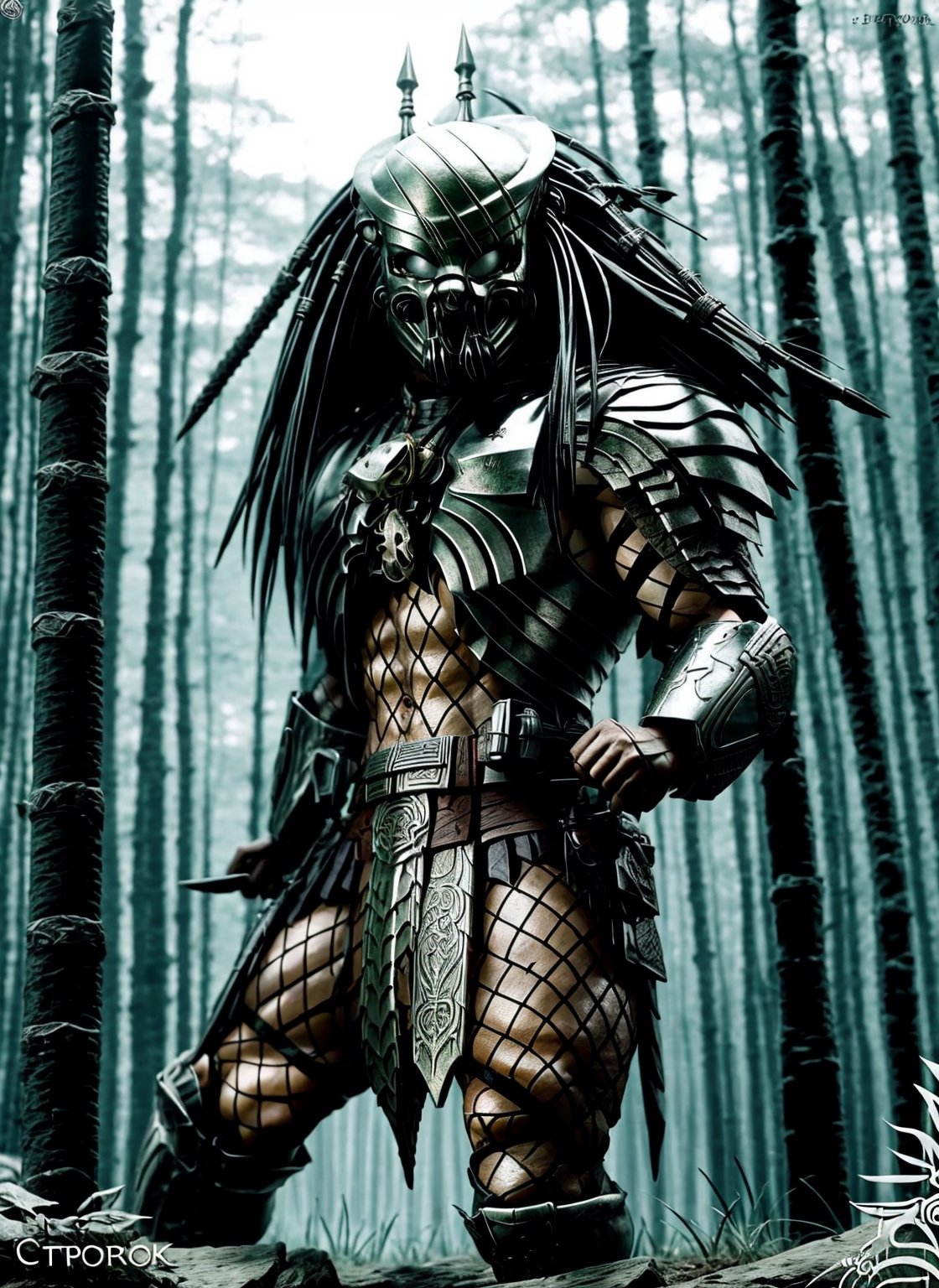 celtic predator, full body view, hyper detailed, insane details, intricate details, 8k, Very detailed, Best Quality, in the detailed forest, fighting pose, sword in the hand, Sharp focus

