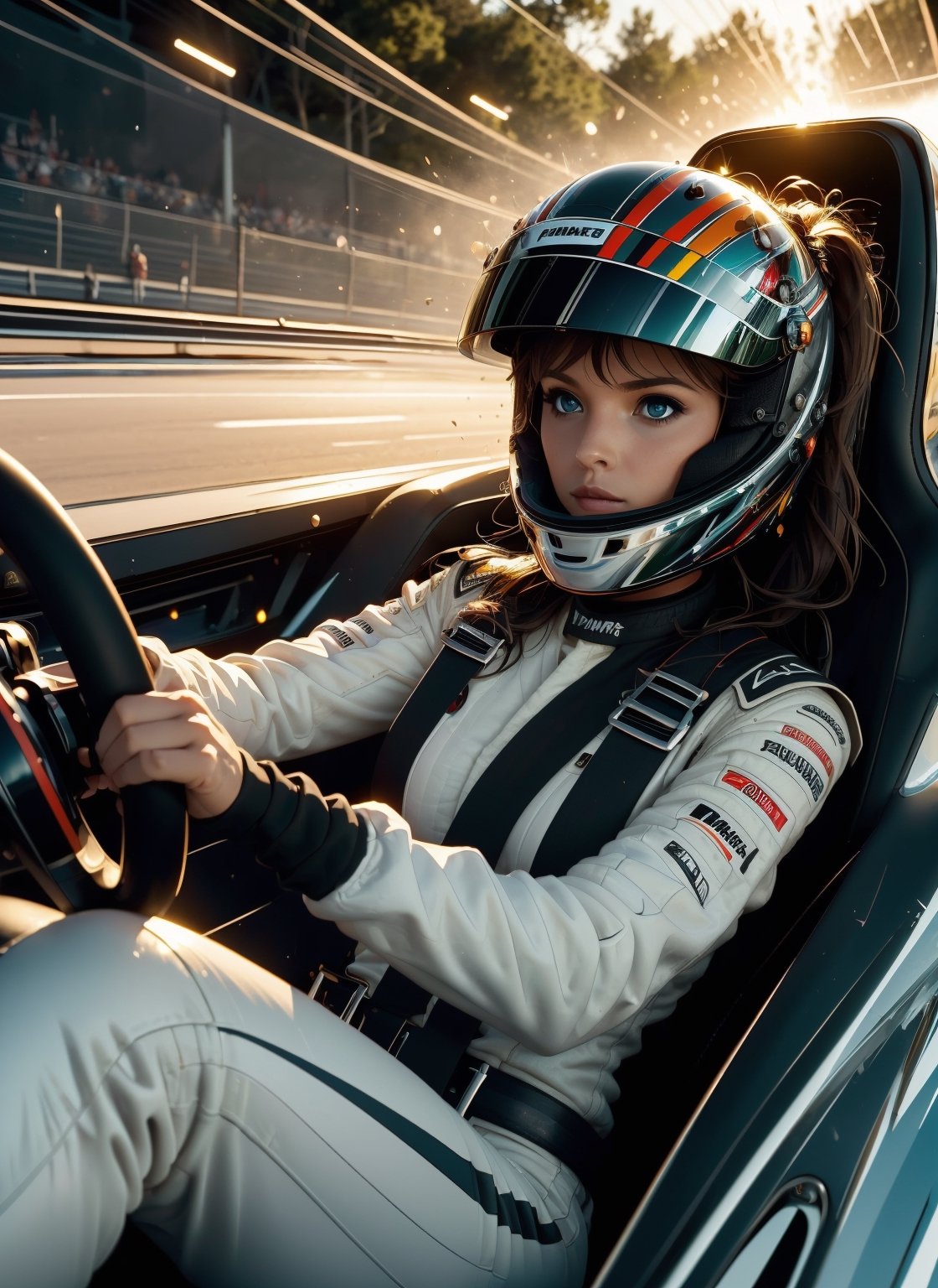 (((masterpiece))), (((best quality))), (((driving a formula racing))), ((fingers on steering wheel)), sitting on driver's seat, sharp eyes, ((helmet)), ((black uniform)), (((speed lines))), ((electricity)), ((spiral wind)), solo, 1girl, big tits, ponytail, sweat, slim figure, lora:girllikeformularacing:1
