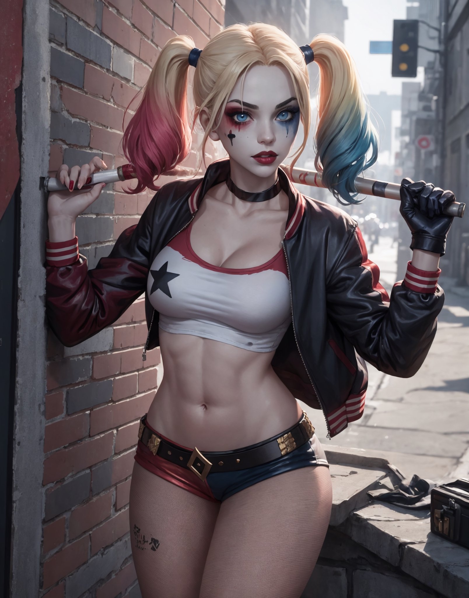 masterpiece, best quality, 1girl, solo, highres,   lora:pikkyharleyquinn-10:0.8,  scenery,
pikkyharleyquinn, two-tone hair,multicolored hair,blonde hair,breasts,makeup,twintails,blue eyes,lipstick,gloves,shorts,cleavage,navel,midriff,gradient hair,short shorts, pantyhose, choker,hair,eyeshadow,colored skin,pale skin,multicolored clothes,jacket,belt, crop top,open jacket,star (symbol),open clothes,lips,
,pikkyharleyquinn