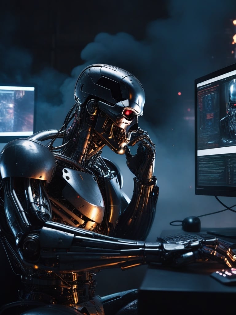 The terminator sitting at a computer, (scratching head:1.2), confused, (sparks flying), (smoke rising from ears:1.2), cyborg, cyberpunk, dark, scary, horror, hyperdetailed, 8k, (Civitai.com interface on the computer screen:1.2), trending on artstation
