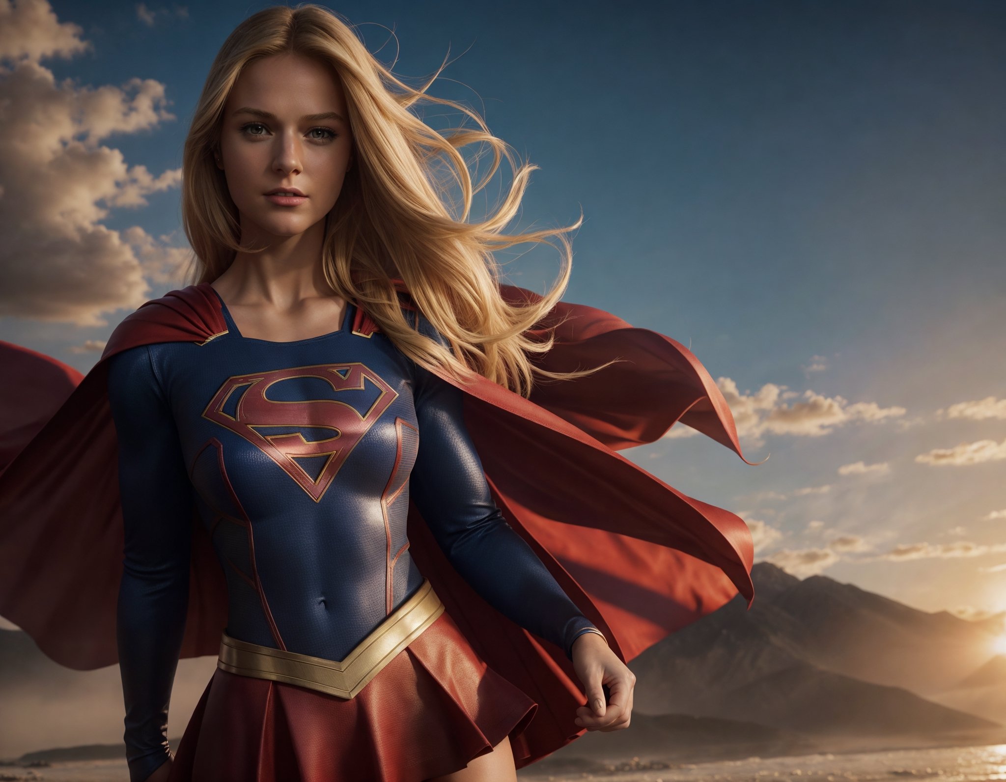 supergirl, hair blonde, skirt red, cape red, (Realistic),masterpiece,best quality,cinematic lighting,natural shadow,looking at viewer,Raw photo,8k,uhd,dslr,soft,lighting,high quality,film
grain,hyperrealismus,hyperrealistic,Atmospheric,Realistic Skin Texture,realistic hair details,ultra quality,best quality,Hyper Realism,
