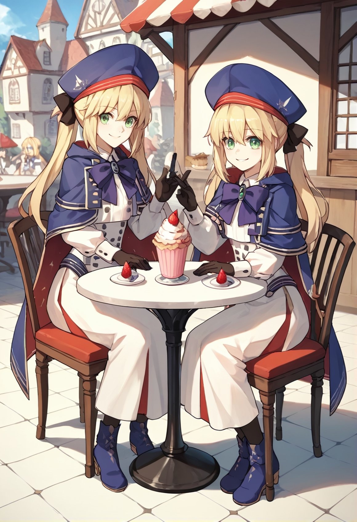 2girls, blonde hair, long hair, green eyes, twintails, white shirt, blue beret, white skirt, blue cape, blue ribbon, black gloves, pantyhose, blue boots, smile, bragging, parfait, chair, table, full body, twins, sitting, town lora:Castoria:1, score_9, score_8_up, score_7_up, score_6_up, score_5_up, score_4_up, BREAK source_anime, masterpiece
