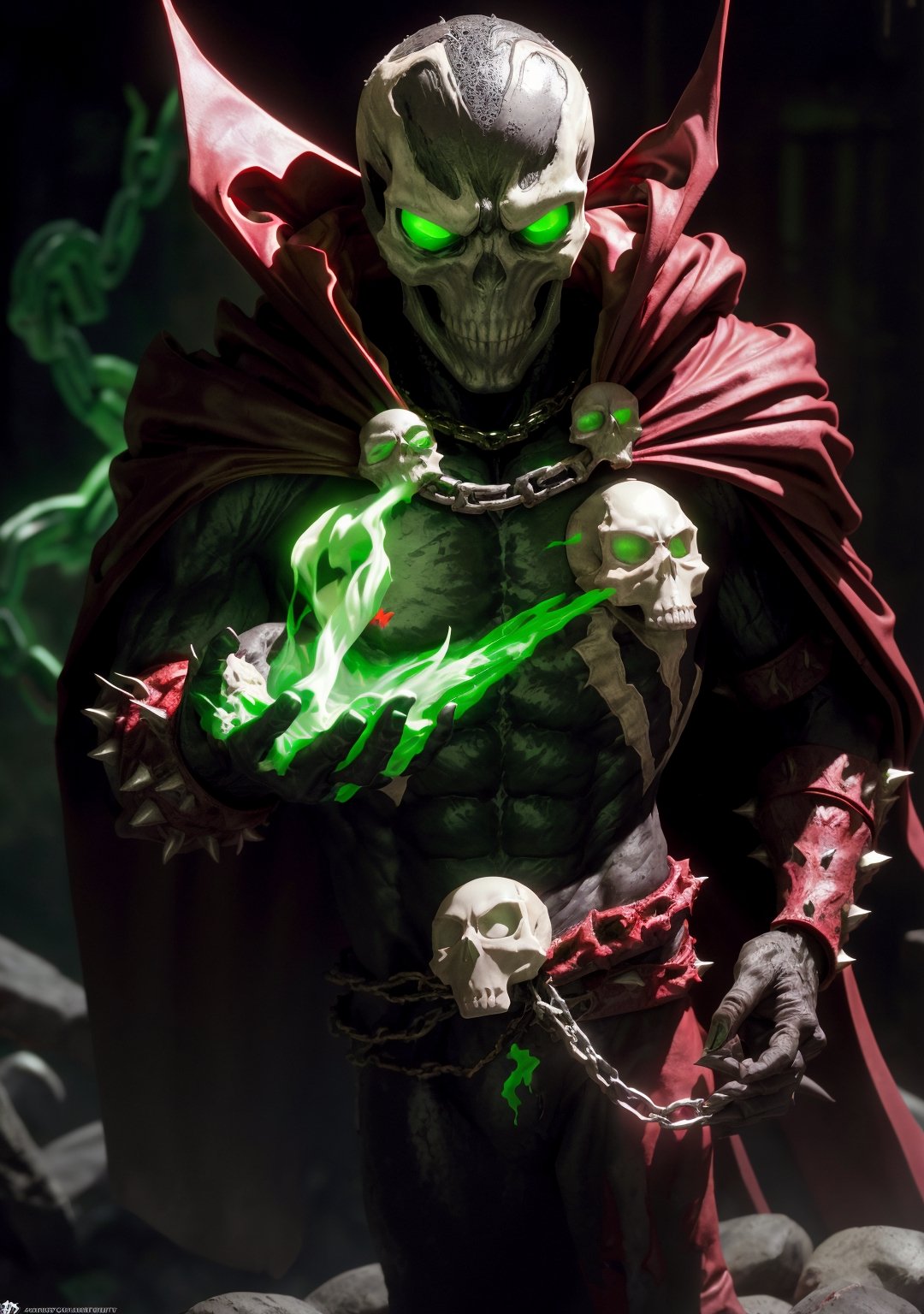 spawn, solo, skull, male focus, red cape, glowing eyes, embers, green fire, glowing, chain, looking at viewer, standing, upper body, intricate details, masterpiece, absurdres, best quality, spawn2023,
