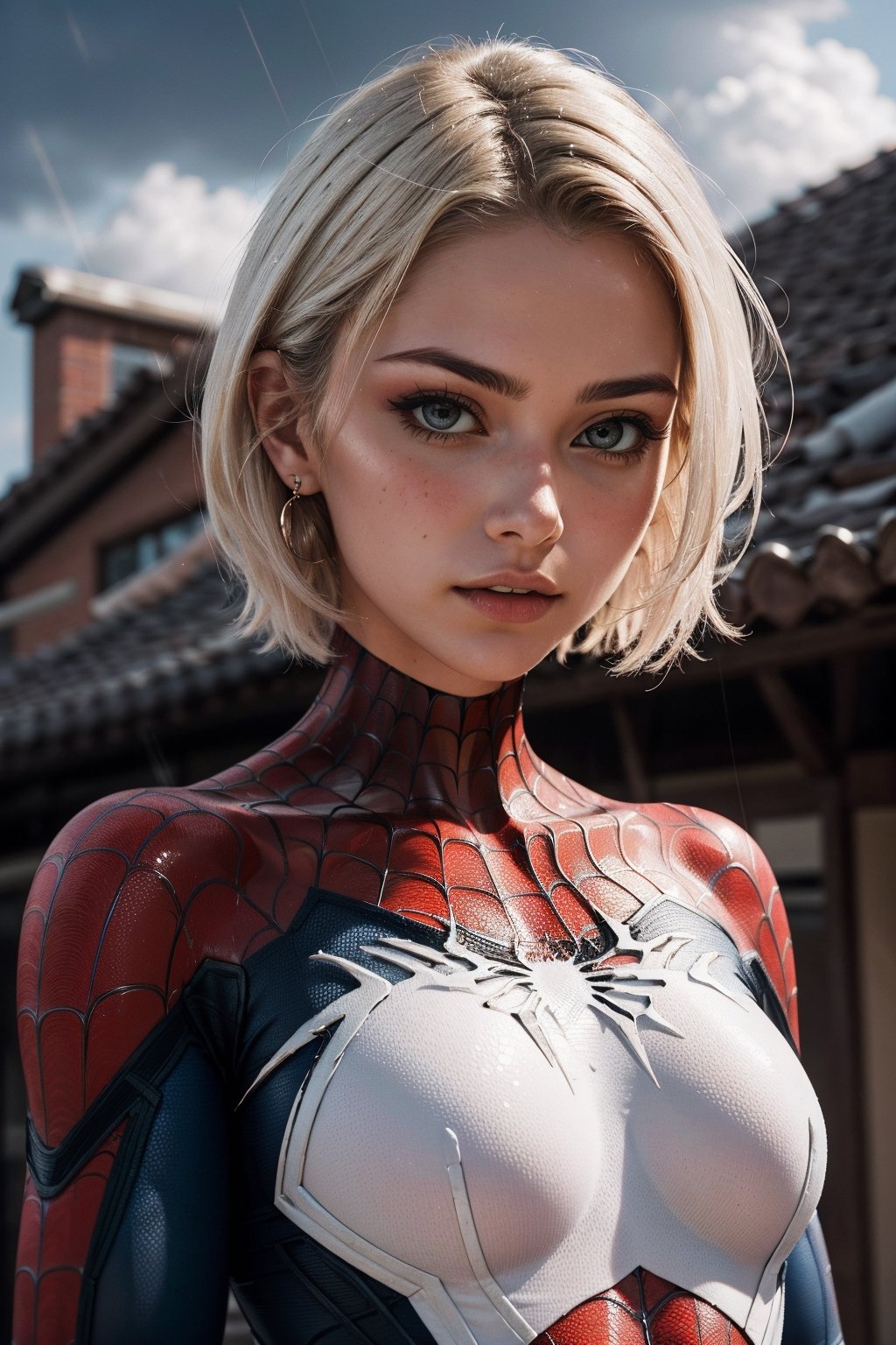 18 yo girl, white spider man suit, short blunt hair, blonde, beautiful face, rain, roof, masterpiece, intricate detail, perfect anatomy
