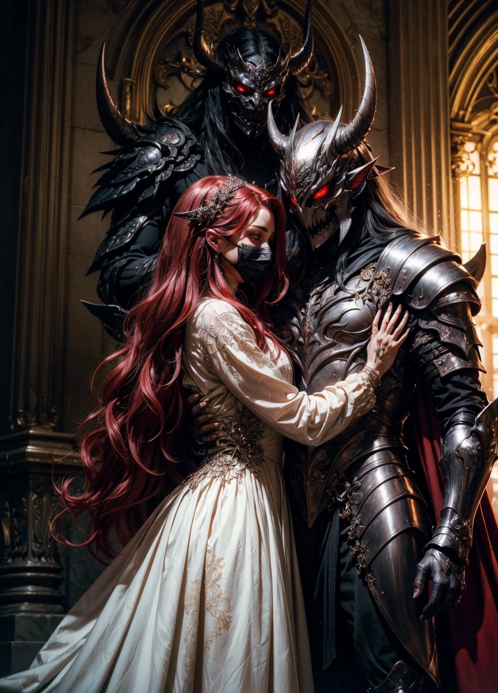 (masterpiece, top quality, best quality, official art, beautiful and aesthetic:1.2), extreme detailed, (fractal art), (a beautiful women next to a male demon:1), (1girl +1man), (demon man in armor wearing a mask next to a maiden), epic, love, emotional, embrace, closeup, very long white flowy hair, with sword, standing next to throne, side view, black and red, dress, black clothes, detailed long sleeves, large demon behind girl, highest detailed
