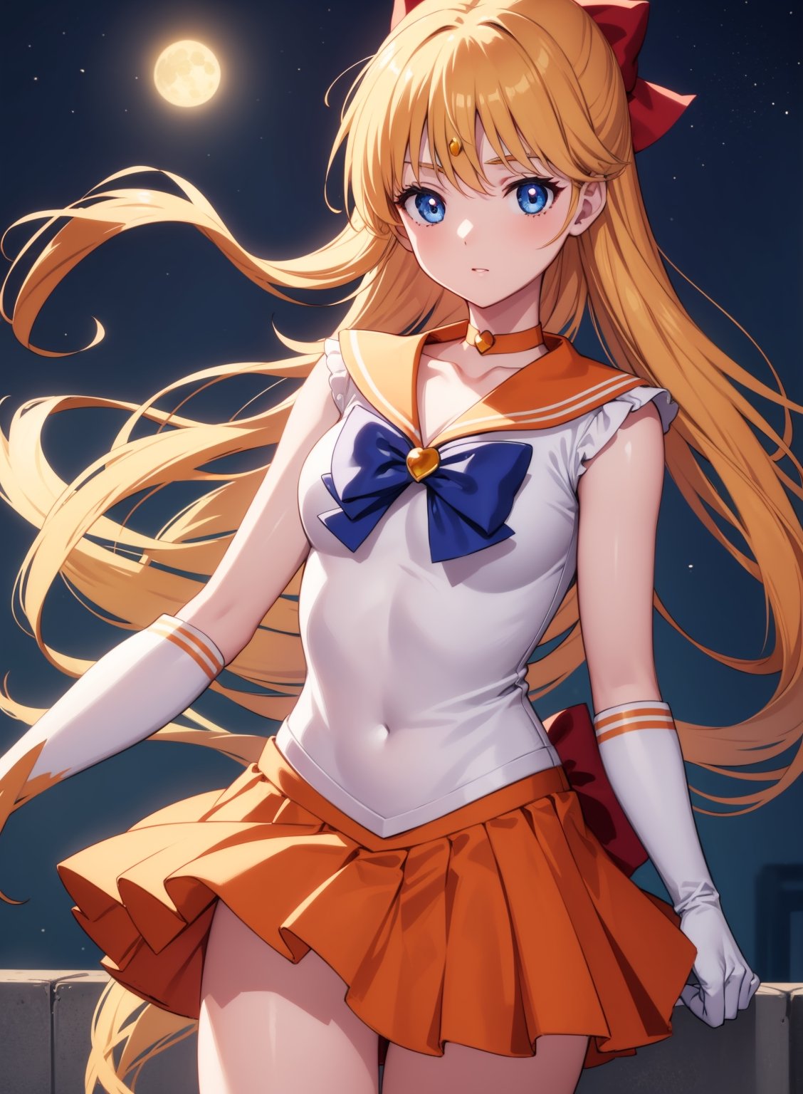 sailorvenus, ,sailor venus, blonde hair, blue eyes, bow, hair bow, half updo, long hair, red bow, tiara,
BREAK back bow, choker, elbow gloves, gloves, jewelry, magical girl, orange choker, orange sailor collar, orange skirt, sailor collar, sailor senshi uniform, school uniform, serafuku, skirt, white gloves,
BREAK outdoors, night, sky, star \(sky\), moon,
BREAK looking at viewer, (cowboy shot:1.5),
BREAK, (masterpiece:1.2), best quality, high resolution, unity 8k wallpaper, (illustration:0.8), (beautiful detailed eyes:1.6), extremely detailed face, perfect lighting, extremely detailed CG, (perfect hands, perfect anatomy),
