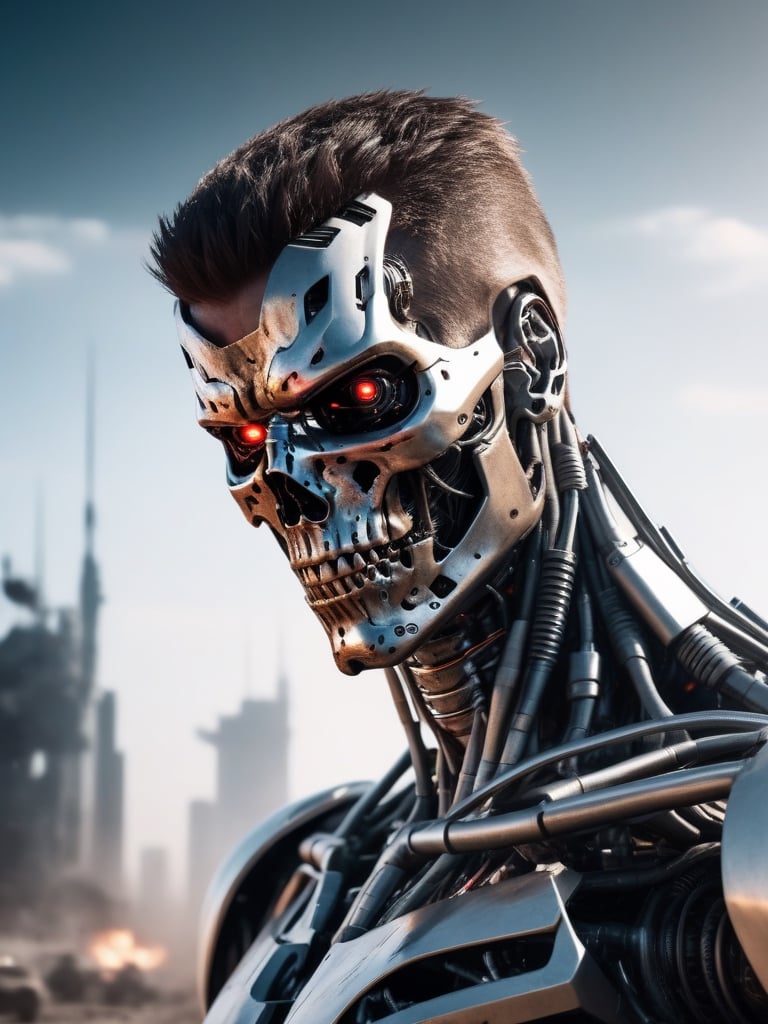 evil terminator man,  with damaged skin and head, using a futuristic weapon, in future war, hyper realistic, highly defined, highly detailed
