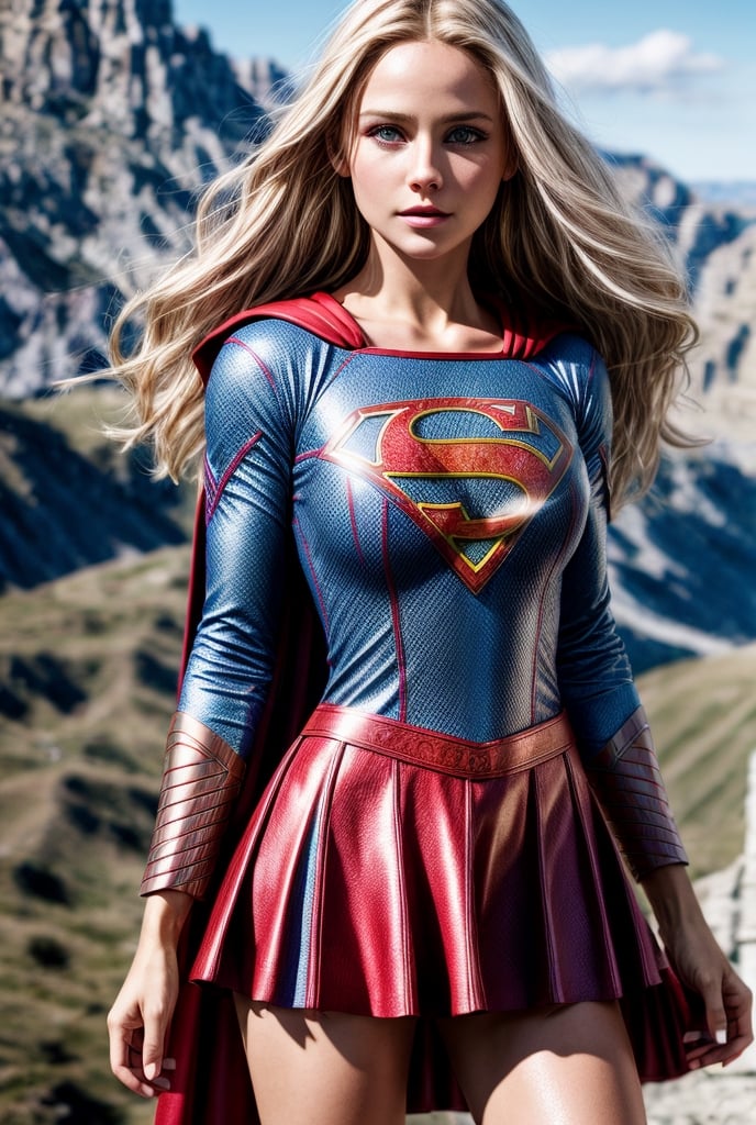 Closeup fullbody portrait of (teeny) Supergirl, blonde long hair flying in the skyes, intricate background, atmospheric scene, masterpiece, best quality, (detailed beautiful face, detail skin texture, ultra-detailed body:1.1), fantasy, feminine+, shiny wet skin, looking at viewer, modelshoot style, (extremely detailed CG), photo of beautiful artwork, High Detail, Sharp focus, dramatic+, (photorealistic), Intricate, handsome, (((film grain)))