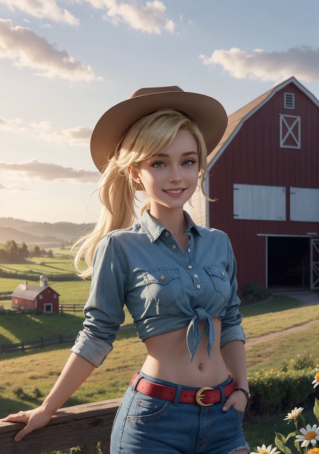 mlpapplejack, blonde ponytail hair, green eyes, cowboy hat,tied red flannel shirt, midriff, daisy duke shorts, belt, looking at viewer, seductive smile, 
outside, standing, farm, barn, romantic ambiance, extremely detailed, HDR, beautiful quality, bounce lighting, lora:mlp_applejack:.8
