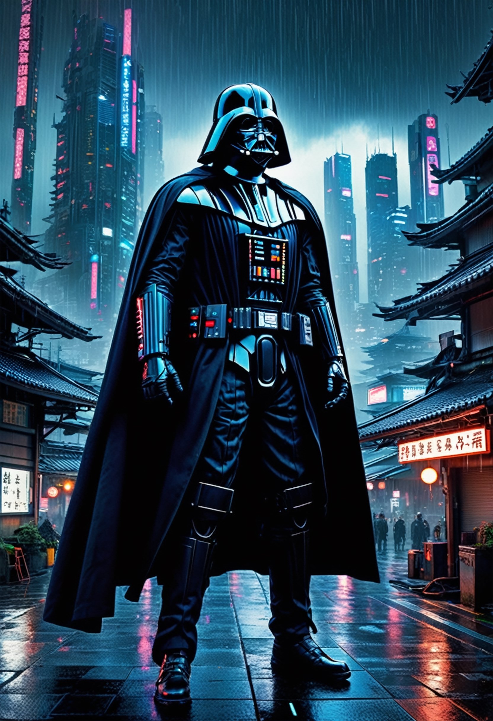 Dark Vador, (((full-body))),Cypherpunk style, wide shot, street, Breathtaking, 8k resolution, extremely detailed, beautiful, establishing shot, artistic, hyperrealistic, ultra realistic render, extremely fine details, like-like render, cinematic lighting, dramatic volumetric lighting, masterpiece, light brazen, extremely detailed and beautiful face, 150mm, HDR10  ,Cyberpunk, in heavy raining futuristic tokyo rooftop cyberpunk night, sci-fi, fantasy, intricate, very very beautiful, elegant, neon light, highly detailed, digital painting, artstation, concept art, soft light, hdri, smooth, sharp focus, illustration,