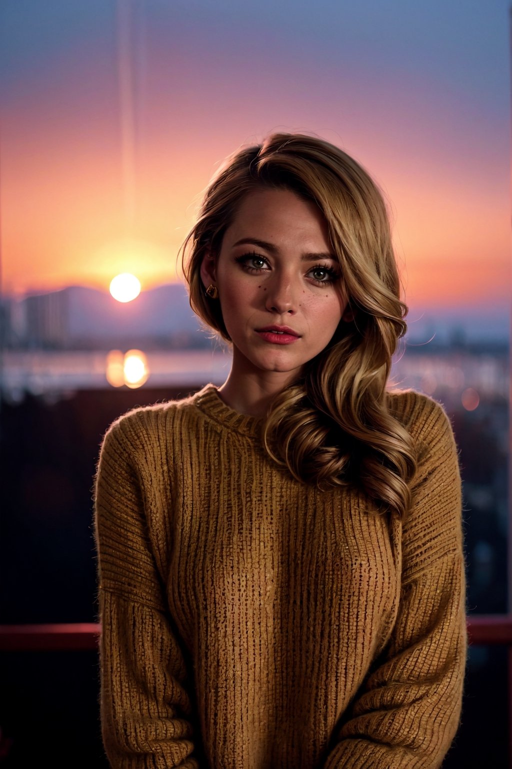 1 young cute iranian girl, very slim, skinny, blonde hair, rouge, oversize knit jumper, softcore, warm lighting, cosy atmosphere, Instagram style, red theme, upper body shot,(cinematic, black and red:0.85), (sunset beautiful background:1.3), sharp, dim colors