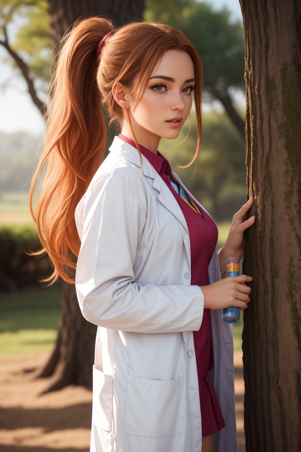 (high quality, best quality, sharp focus:1.2), (medieval africa, african:1), (prime adult woman, 1girl, solo, ahegao face:1.1), (chemist, wearing lab coat, test tubes:1.1), (pink_eyes:1), (ginger_hair, long_hair, ponytail:1), (muscular body:1), (hollow tree:1.1), detailed, extreme detail, intricate detail, highres, absurdres, 4k, 8k, HDR, UHD, masterpiece, immaculate, perfect,
