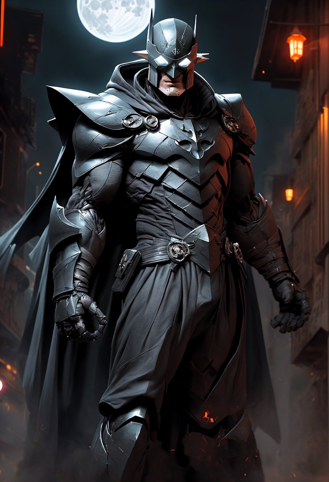 1boy,armor, crown, black cape, in dynamic pose,dynamic angle, shoulder armor, upper armor, helmet, headgear, mechanical jawcityscape, strong rim light, absurdres, 1boy, (at night:1.4), dark alley, moon, BREAK grey (android (batmanwholaughs:0.8)) in (matte black hardsuit:1.2), military, roughed up, mechanical arms, city fog, (glowing white eyes)  lora:nijiarmor_v2:0.9, lora:BatmanWhoLaughs:0.5