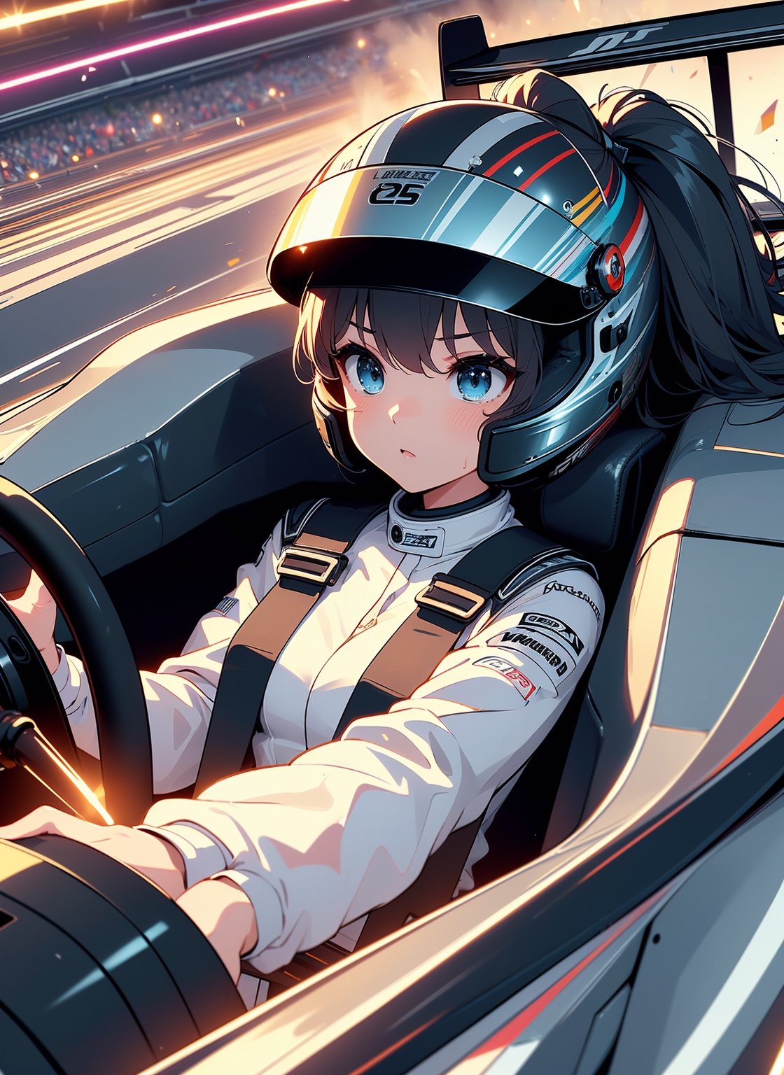 (((masterpiece))), (((best quality))), (((driving a formula racing))), ((fingers on steering wheel)), sitting on driver's seat, sharp eyes, ((helmet)), ((black uniform)), (((speed lines))), ((electricity)), ((spiral wind)), solo, 1girl, big tits, ponytail, sweat, slim figure, lora:girllikeformularacing:1
