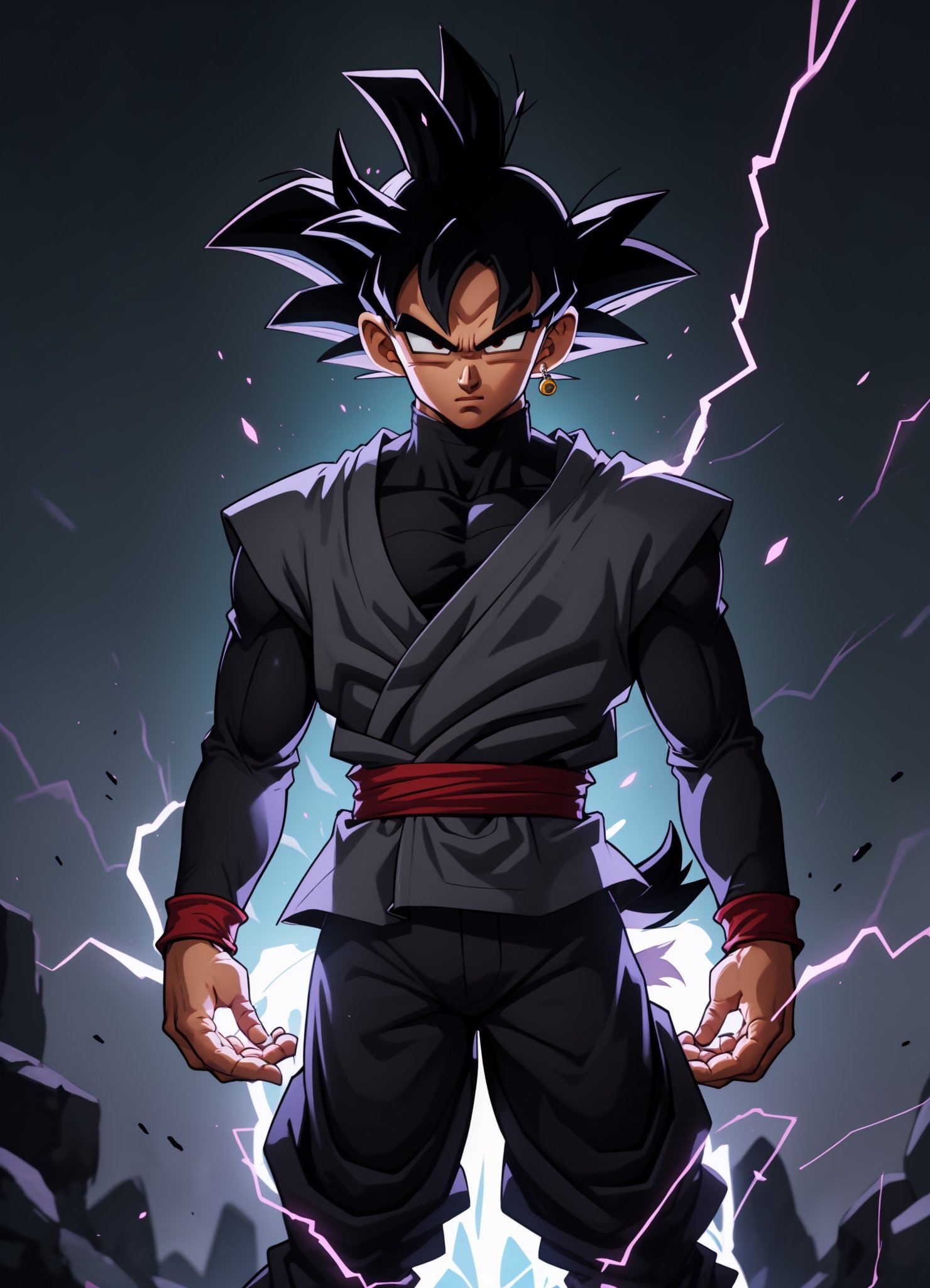 centered, solo, man, upper body, standing, | aura, electricity, Goku_Black, 1boy, male focus, super saiyan, tail, wristband, pants, black hair,  (looking at viewer), 