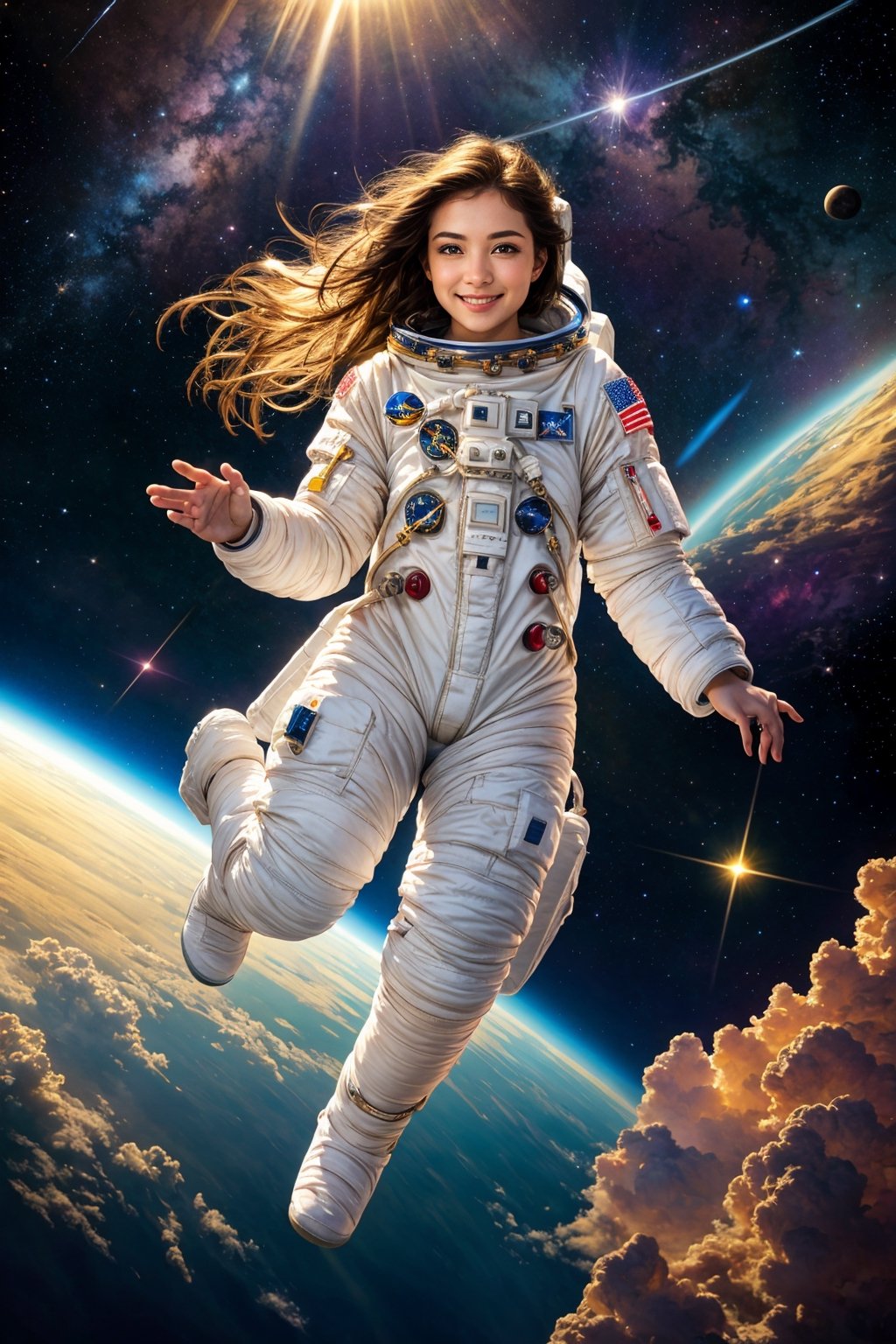 beautiful astronaut girl with large breasts, (full body photo:1,7), dressed in spacesuit, attractive forms, slim and athletic figure, very long iridiscent hair, 
floating in weightlessness, fluffy hair floats in weightlessness and shimmers in the sun's rays, sun rays through the hair, looking at the viewer,
happy, smiling enticingly, cute smile, very detailed face (best quality), 
in spaceship (intricate details, hyperdetailed:1.2), starry sky, space  background,
(best quality, masterpiece, perfect face, beautiful and aesthetic:1.2), colorful, dynamic angle, highest detailed face, high detailed skin, detailed eyes, 
Professional photo, eye-catching, (best lighting), (high contrast, space art, extreme detailed, highest detailed), HDR+, soft lighting, best quality,
