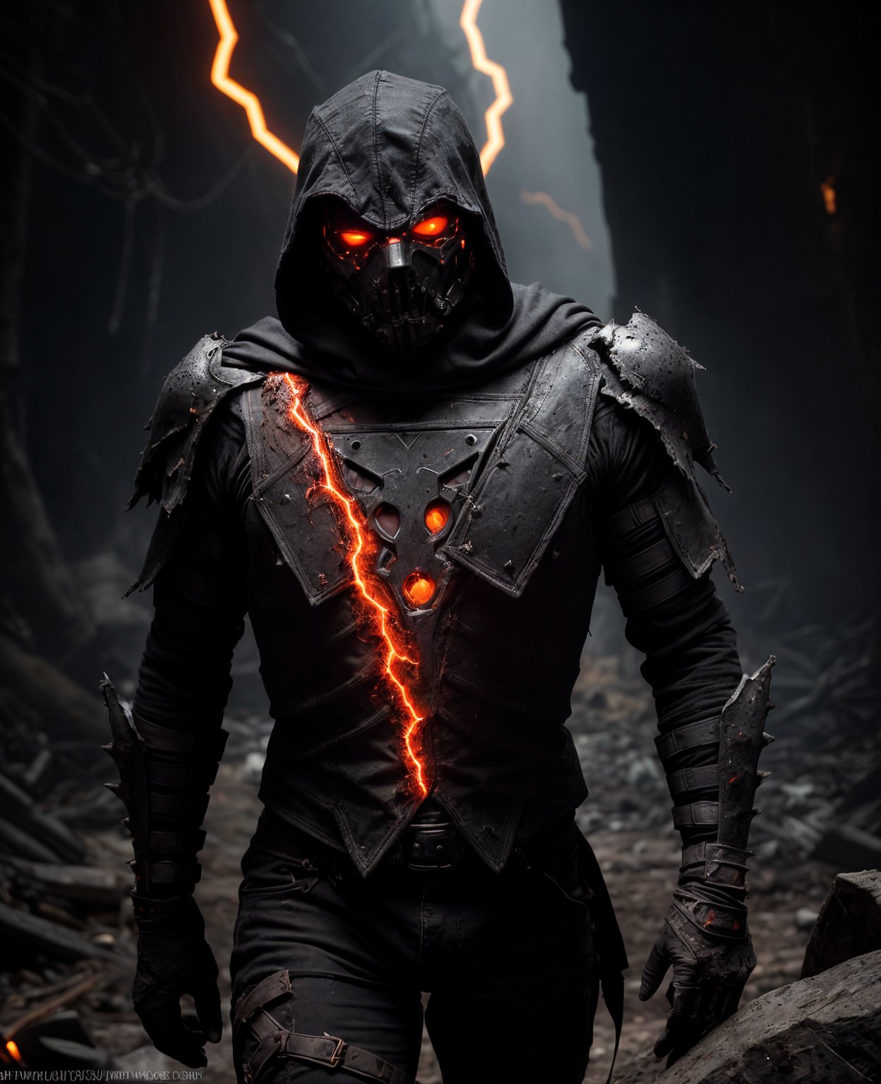 dark rugged realm, phantom warrior emerges from the shadows, clad in tattered black cyberpunk armor, etched with fiery orange circuitry, like a dark mechanical specter, The figure's face is shrouded in an impenetrable black hood, with only two blazing orange optics piercing the darkness, like hot coals from a malevolent forge, The armor is shifting and writhe like living darkness, with orange neon-like energy bleeding from the cracks, , , , 
