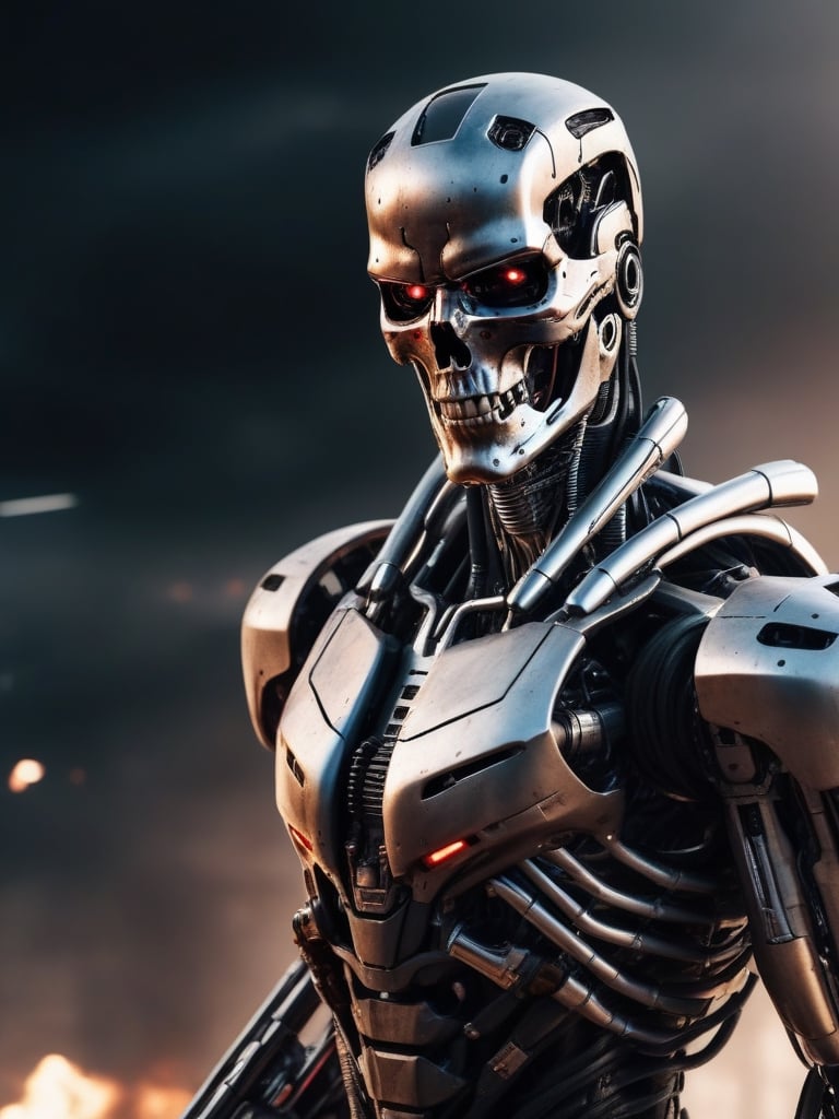 evil terminator man,  with damaged skin and head, using a futuristic weapon, in future war, hyper realistic, highly defined, highly detailed
