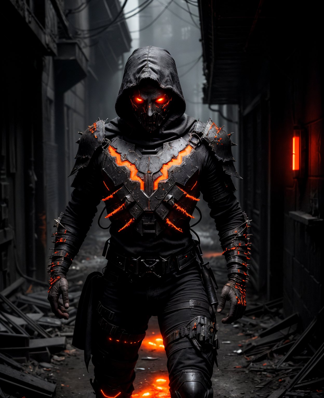 dark rugged realm, phantom warrior emerges from the shadows, clad in tattered black cyberpunk armor, etched with fiery orange circuitry, like a dark mechanical specter, The figure's face is shrouded in an impenetrable black hood, with only two blazing orange optics piercing the darkness, like hot coals from a malevolent forge, The armor is shifting and writhe like living darkness, with orange neon-like energy bleeding from the cracks, , , , 
