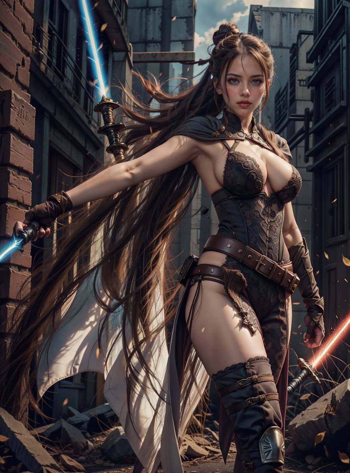 1girl, solo, long hair, breasts, brown hair, gloves, holding, cleavage, large breasts, standing, weapon, boots, belt, sword, cape, holding weapon, armor, holding sword, gauntlets, animification, energy sword, lightsaber,