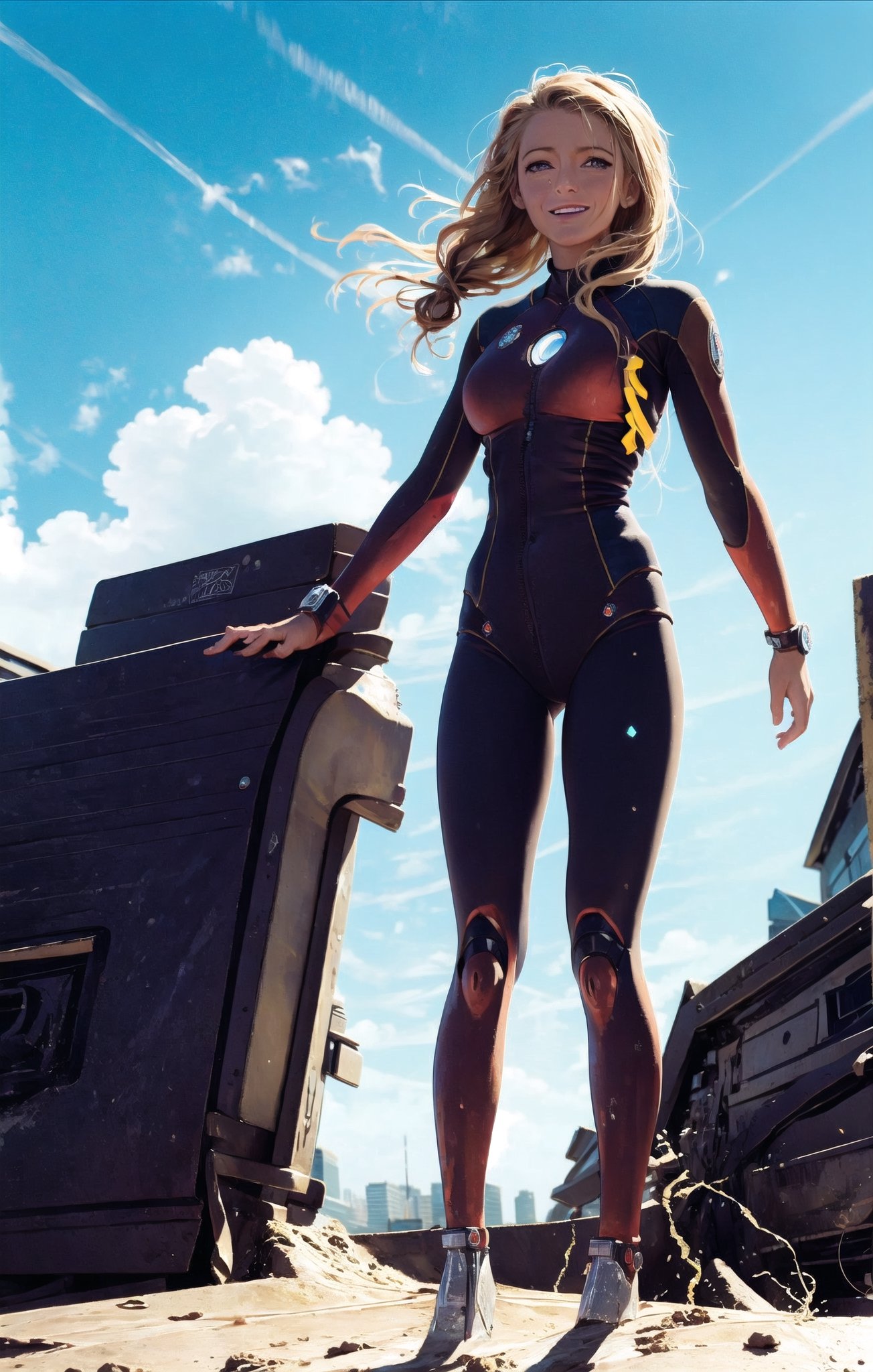 pictures of two girl, (masterpiece, top quality, 8K), detailed skin texture, detailed cloth texture, beautiful detailed faces, intricate details, ultra Details, ironman uniform, shine body,swaying middle hair, (full body: 1.1), (shy smile),jet flame bursting out from  both hands, jumping up,shining lighting, destroyed city background, evil robot standing,Detailedface,glitter,AGGA_ST002