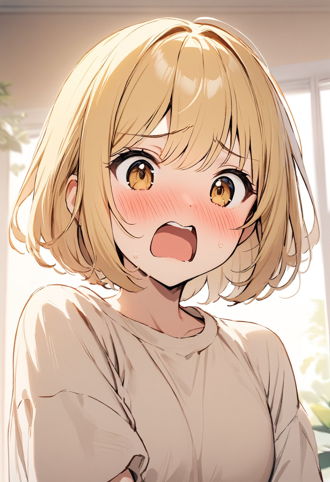 masterpiece, best quality, 1 girl, cute, golden blonde hair, medium length, bob cut, surprised, blush, open mouth, embarrassed,  flustered, cute, tsundere, closeup
