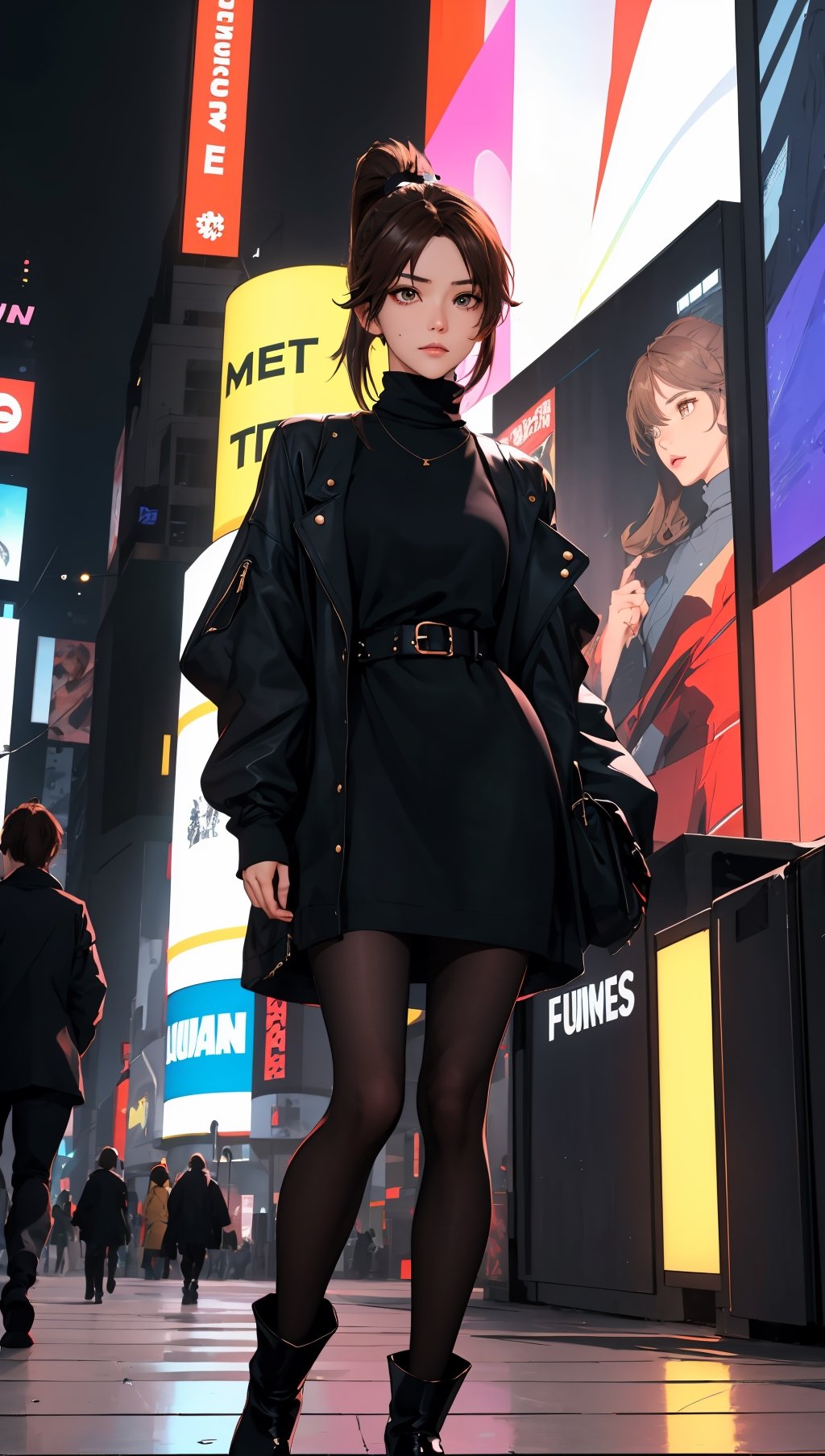 Masterpiece, best quality, fine detail, maishiranui, maishiranui_face, bangs, ponytail, oily skin, (detailed face and eyes):1.2, wearing edgADC, turtleneck, sweater dress, 38carbon leggings, boots, standing, candid pose, times square at night, lora:maiShiranui030417:0.6, lora:edgAutumnDressCode:0.4
,edgADC_fashion