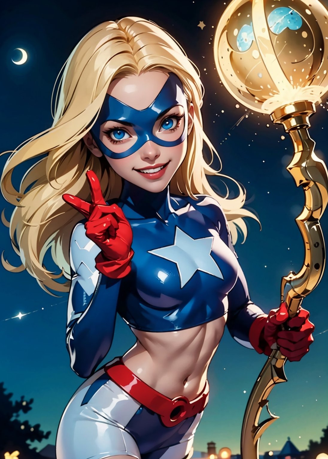 stargirl_dc, blonde hair,blue eyes,tight clothing, midriff, petite body, briefs, looking at viewer, serious, smiling, holding a cosmic staff, 
outside, park, night, extreme detail, masterpiece, beautiful quality, lora:stargirl_DC_v1:.7
