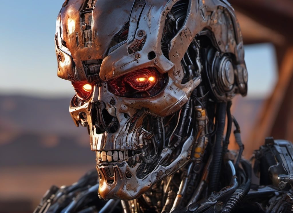 breathtaking, cinematic action film still, close-up shot of a rusty post apocalyptic Terminator cyborg, at Dawn, Detailed illustration, Light caustics, Flickr, art by Thomas Cole, (art by Ethan Van Sciver:0.9) , vignette, highly detailed, cinemascope, moody, epic, gorgeous, lora:cyborg_style_xl-alpha:0.7
