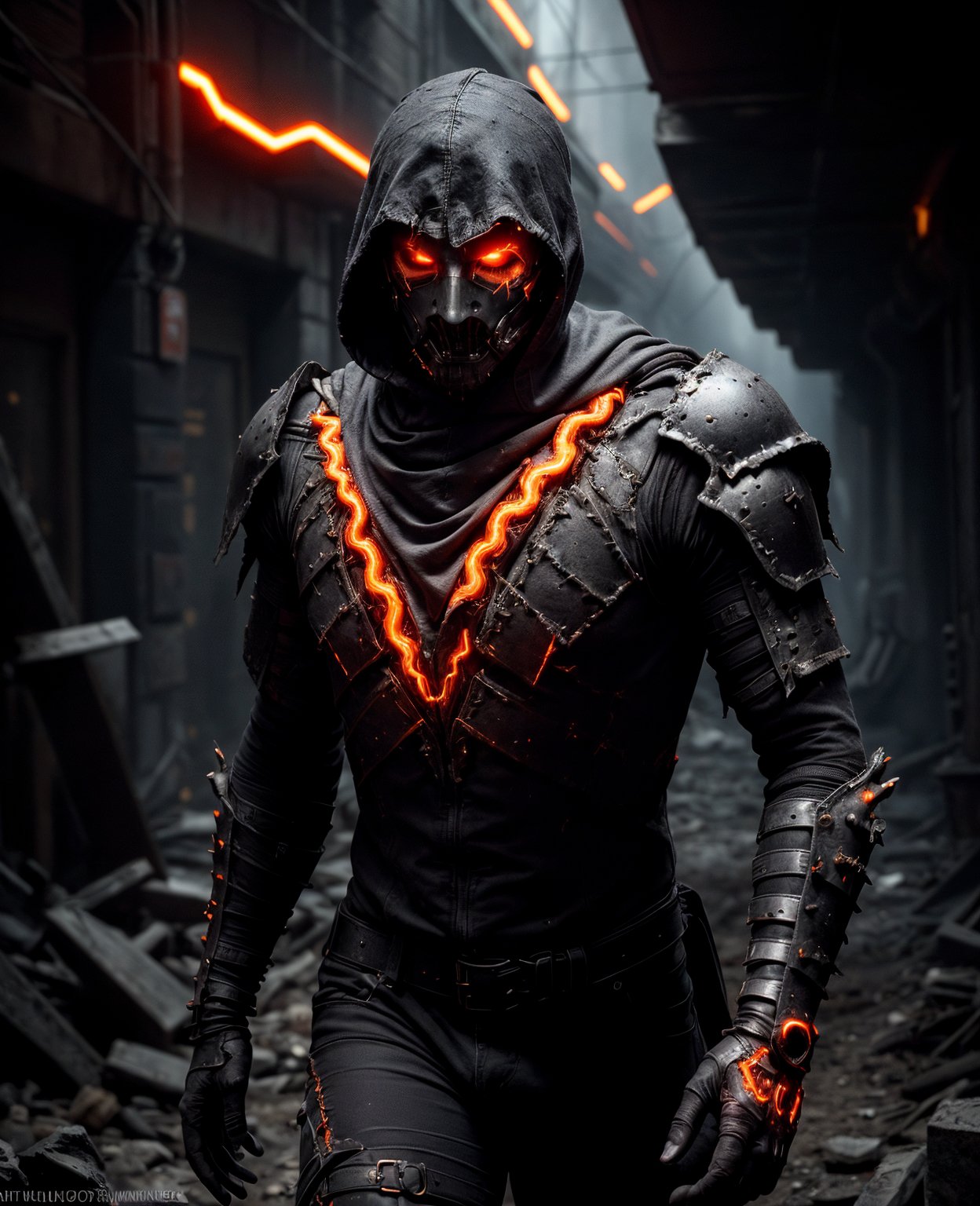 dark rugged realm, phantom warrior emerges from the shadows, clad in tattered black cyberpunk armor, etched with fiery orange circuitry, like a dark mechanical specter, The figure's face is shrouded in an impenetrable black hood, with only two blazing orange optics piercing the darkness, like hot coals from a malevolent forge, The armor is shifting and writhe like living darkness, with orange neon-like energy bleeding from the cracks, , , , 
