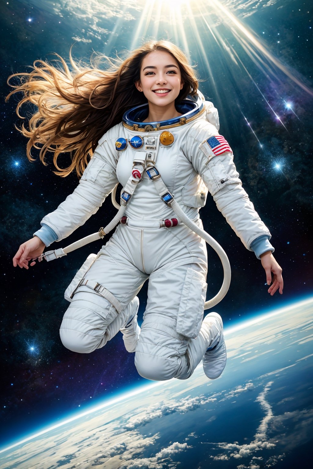 beautiful astronaut girl with large breasts, (full body photo:1,7), dressed in spacesuit, attractive forms, slim and athletic figure, very long iridiscent hair, 
floating in weightlessness, fluffy hair floats in weightlessness and shimmers in the sun's rays, sun rays through the hair, looking at the viewer,
happy, smiling enticingly, cute smile, very detailed face (best quality), 
in spaceship (intricate details, hyperdetailed:1.2), starry sky, space  background,
(best quality, masterpiece, perfect face, beautiful and aesthetic:1.2), colorful, dynamic angle, highest detailed face, high detailed skin, detailed eyes, 
Professional photo, eye-catching, (best lighting), (high contrast, space art, extreme detailed, highest detailed), HDR+, soft lighting, best quality,
