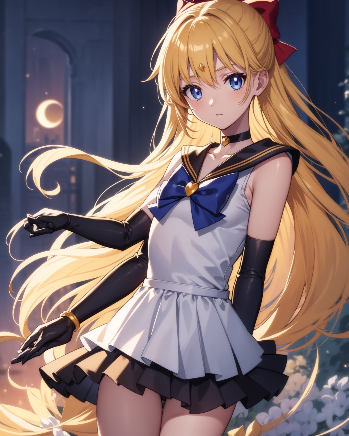 sailorvenus, sailor venus, blonde hair, blue eyes, bow, hair bow, half updo, long hair, black bow, tiara,
BREAK back bow, choker, elbow gloves, gloves, jewelry, magical girl, black choker, black sailor collar, black skirt, sailor collar, black sailor senshi uniform, black school uniform, serafuku, skirt, white gloves,
BREAK outdoors, night, sky, star \(sky\), moon,
BREAK looking at viewer, (cowboy shot:1.5),
(masterpiece:1.2), best quality, high resolution, unity 8k wallpaper, (illustration:0.8), (beautiful detailed eyes:1.6), extremely detailed face, perfect lighting, extremely detailed CG, (perfect hands, perfect anatomy),